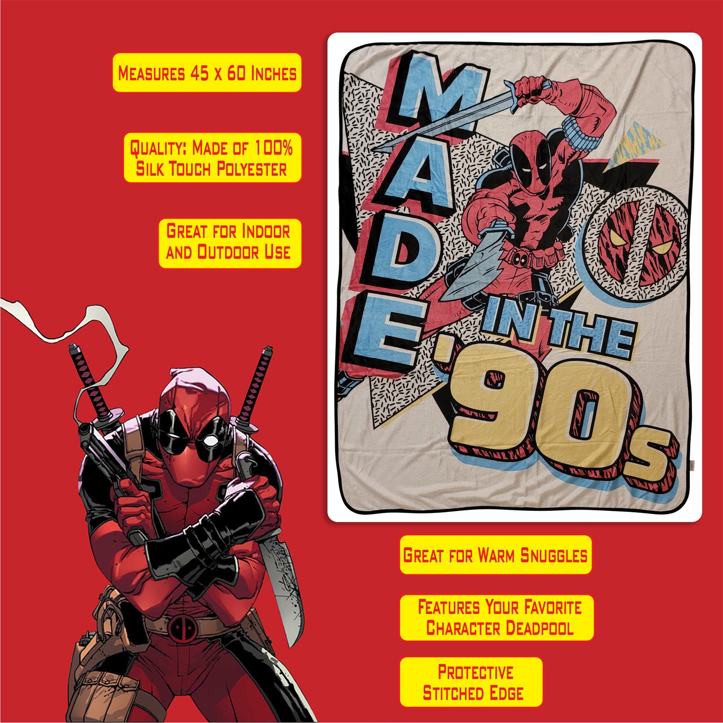 Marvel Deadpool Made in The 90s Softest Comfy Throw Blanket for Adults & Kids| Measures 60 x 45 Inches