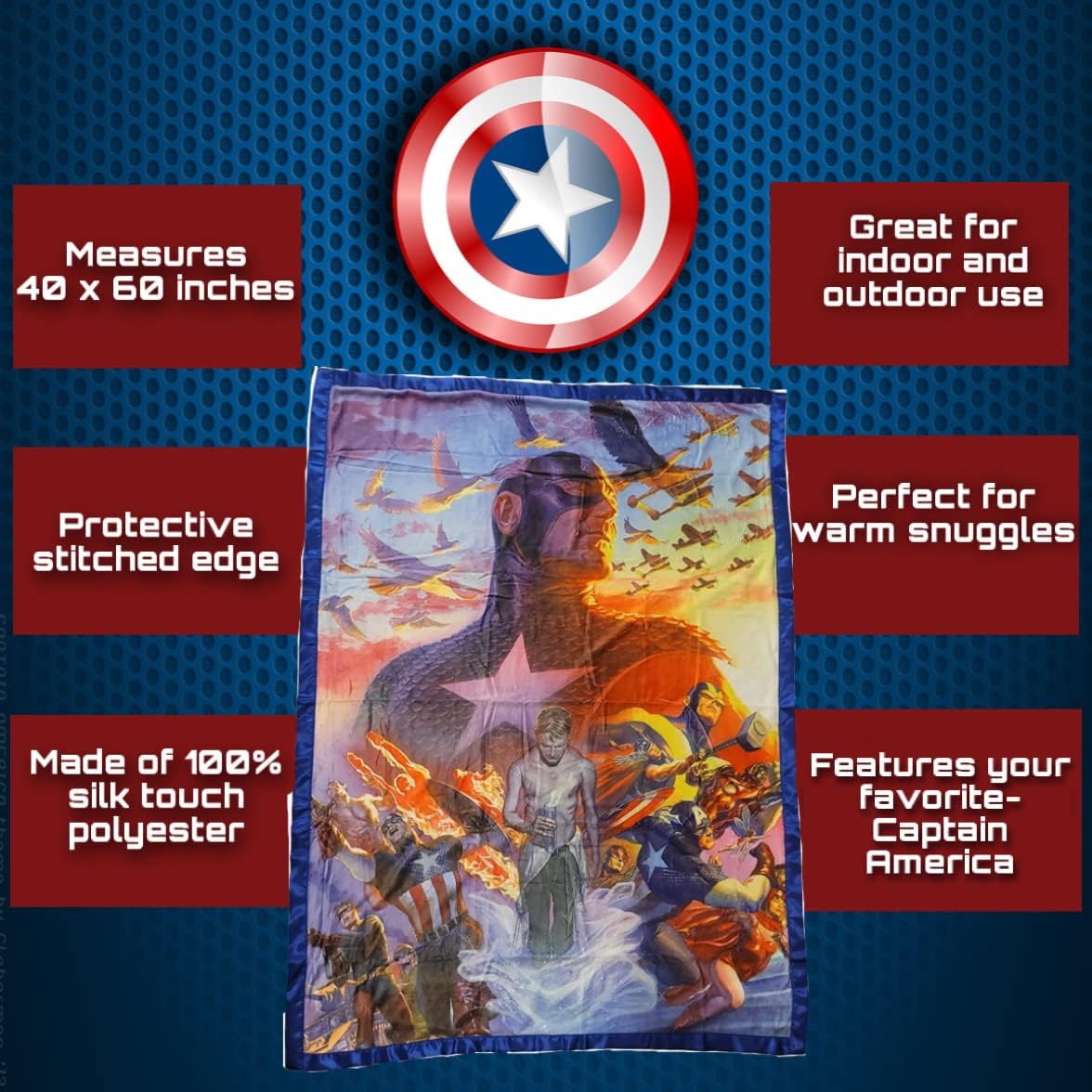 Marvel Captain America Fleece Softest Throw Blanket| Measures 60 x 45 Inches