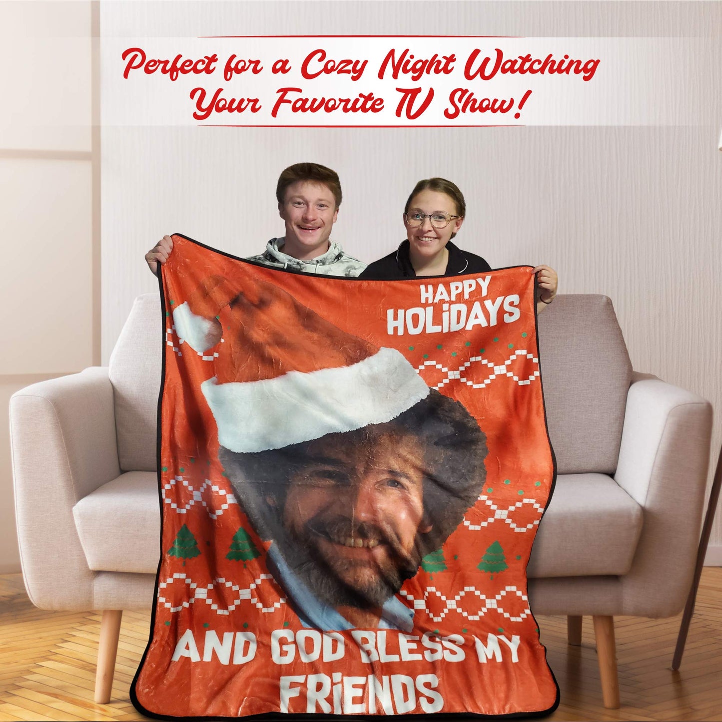 Bob Ross Happy God Bless My Friends Fleece Fleece Softest Throw Blanket, Measures 60 X 45 Inches