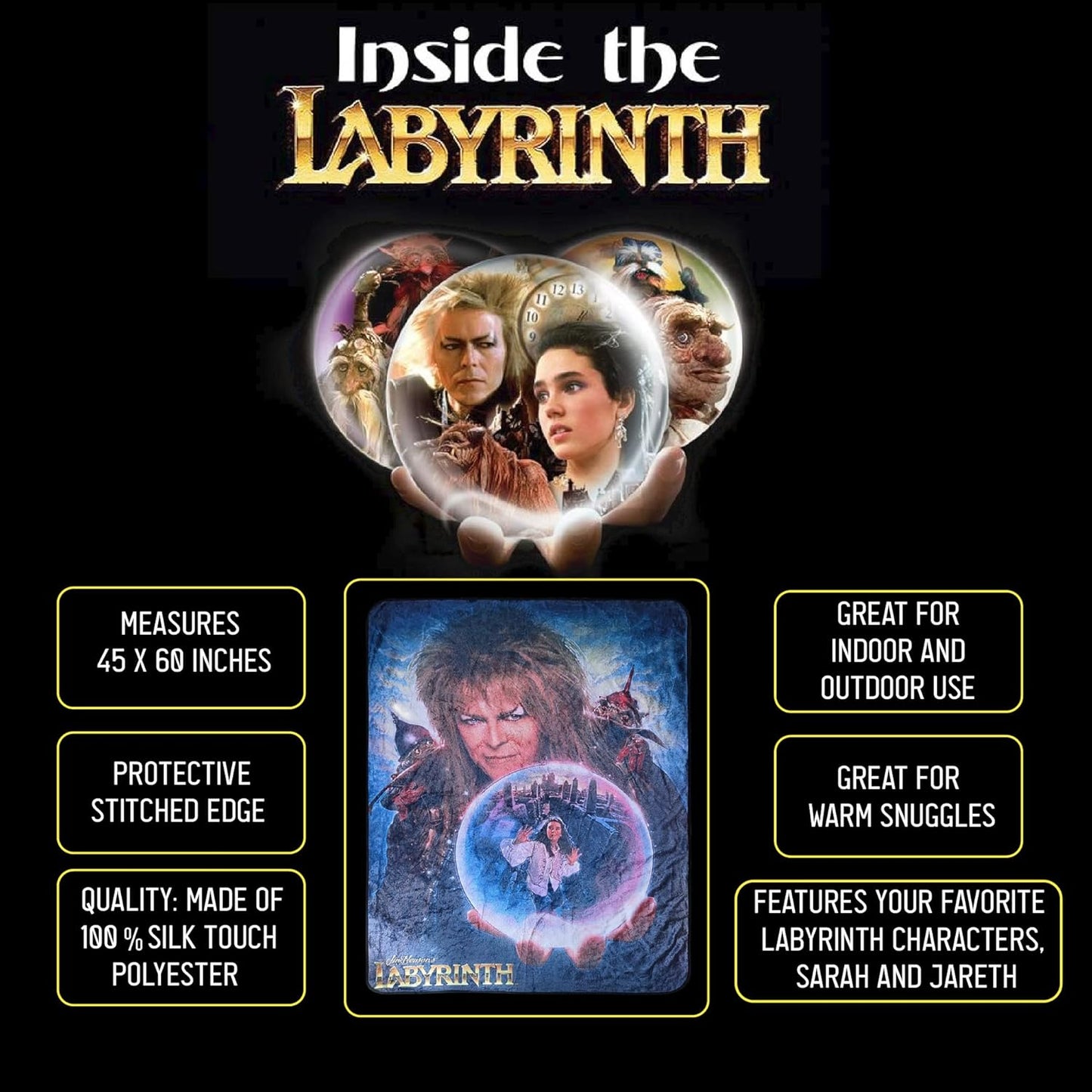 Jim Henson's Labyrinth Fleece Softest Comfy Throw Blanket for Adults & Kids| Measures 60 x 45 Inches