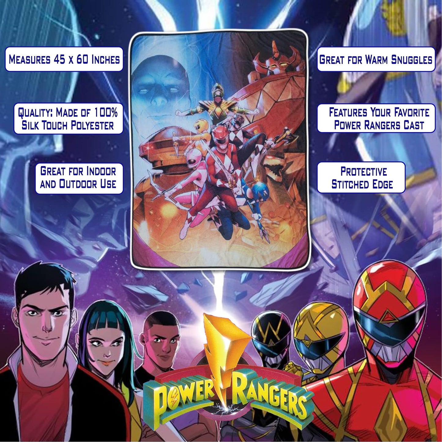 Bazillion Dreams Mighty Morphin Power Rangers Fleece Throw Blanket, Multicolor, One Size measures 45 x 60 inches