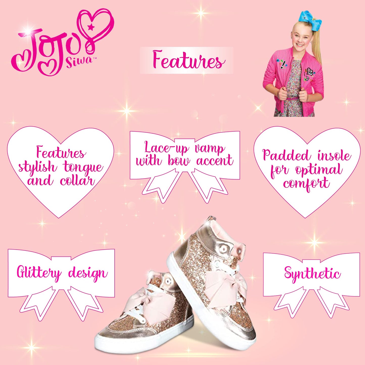 JoJo Siwa Girls High Top Fashion Sneakers, Rose Gold (Toddler, Little Kid)