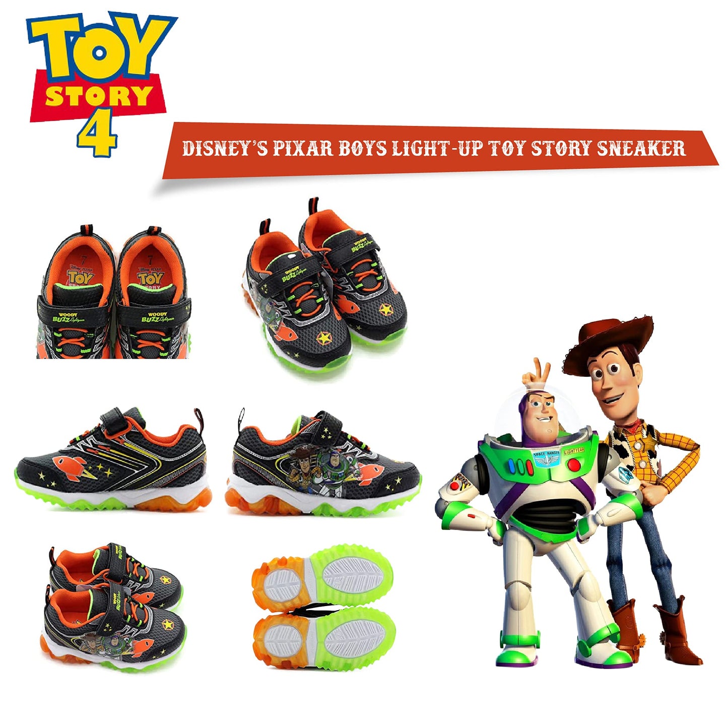 Disney Pixar Toy Story 4 Boys Lighted Athletic Sneaker, Gray/Multi (Toddler/Little Kid)