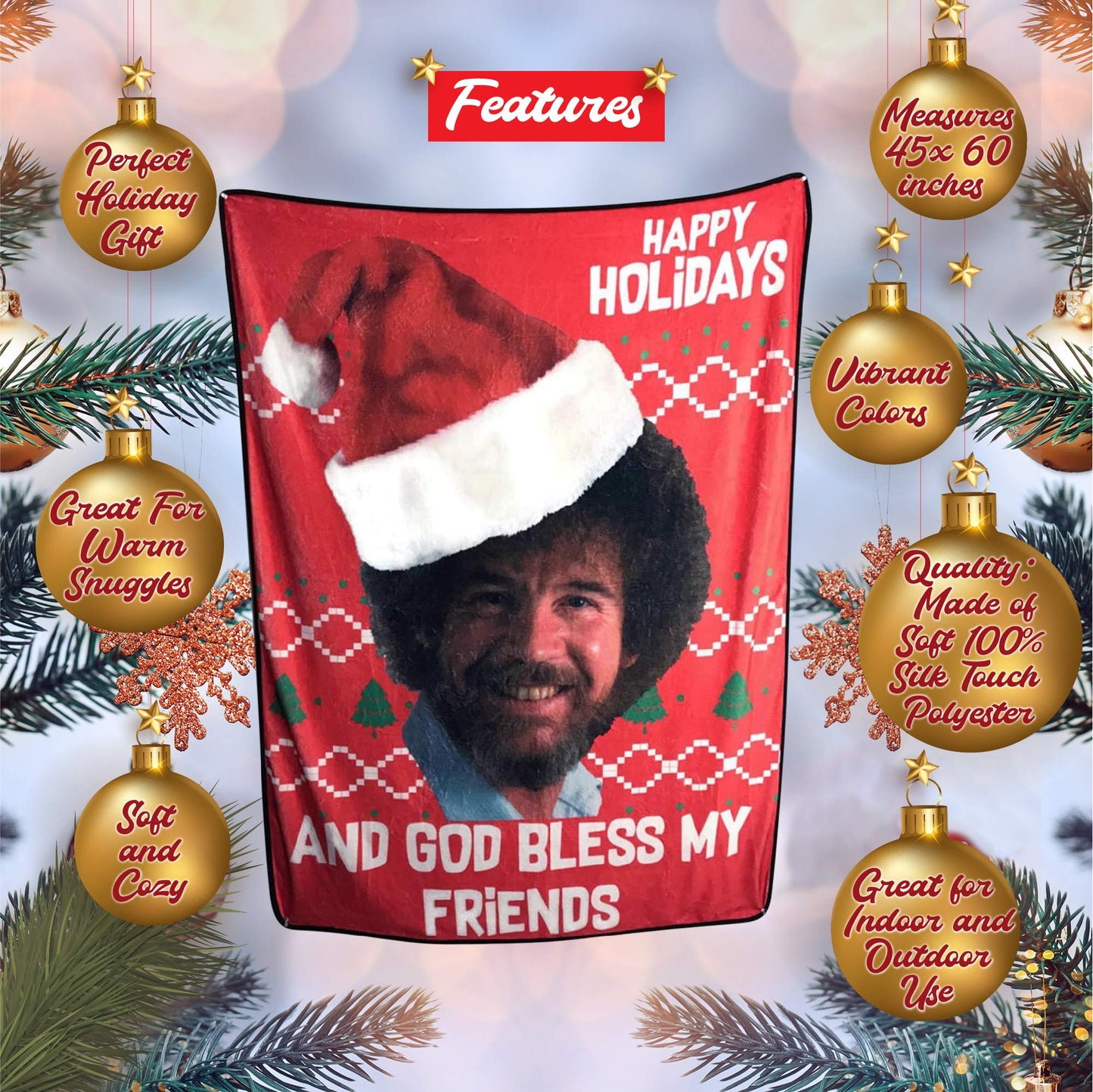 Bob Ross Happy God Bless My Friends Fleece Fleece Softest Throw Blanket, Measures 60 X 45 Inches