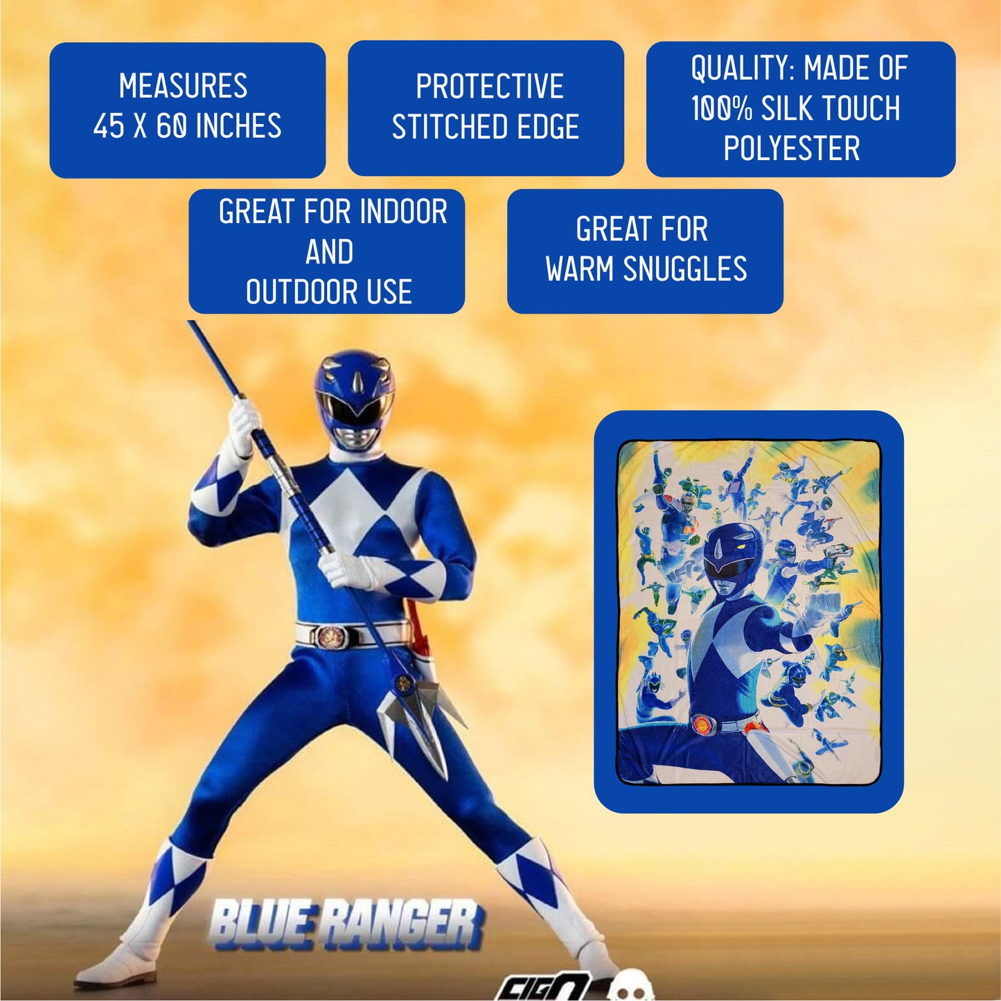 Power Rangers Blue Ranger Fleece Softest Comfy Throw Blanket for Adults & Kids| Measures 60 x 45 Inches