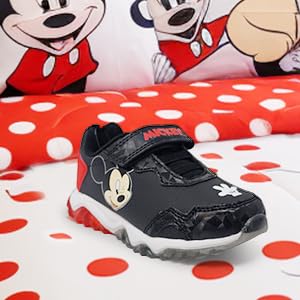 Disney Mickey Mouse Boy's Lighted Athletic Sneaker Light Up Shoes Children W/Adjustable Strap (Toddler, Little Kid), Black/Red
