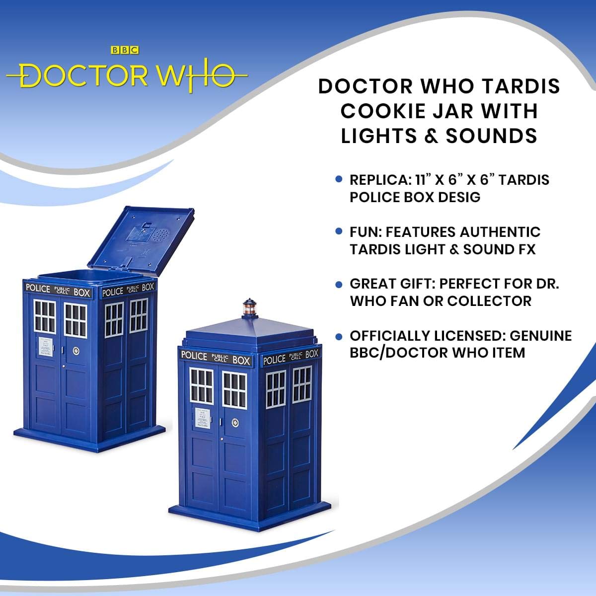 Doctor Who Tardis Cookie Jar with Light & Sound Effects - Activated by Pushing Lamp Or Closing Lid - Fun, Unique Home Or Office Kitchen Decor - Collectible Blue Police Box Time Machine Container