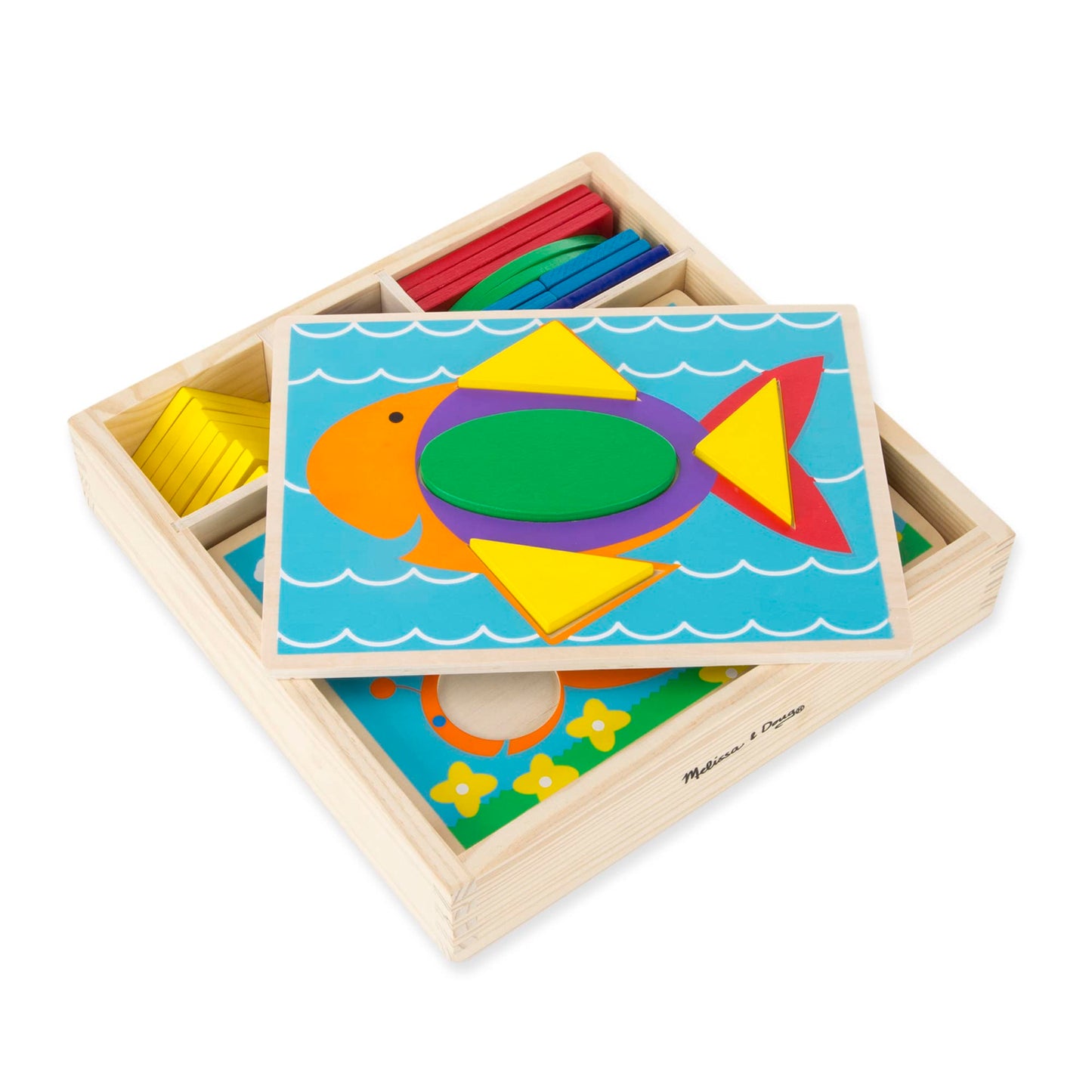 Melissa & Doug Beginner Wooden Pattern Blocks Educational Toy With 5 Double-Sided Scenes and 30 Shapes