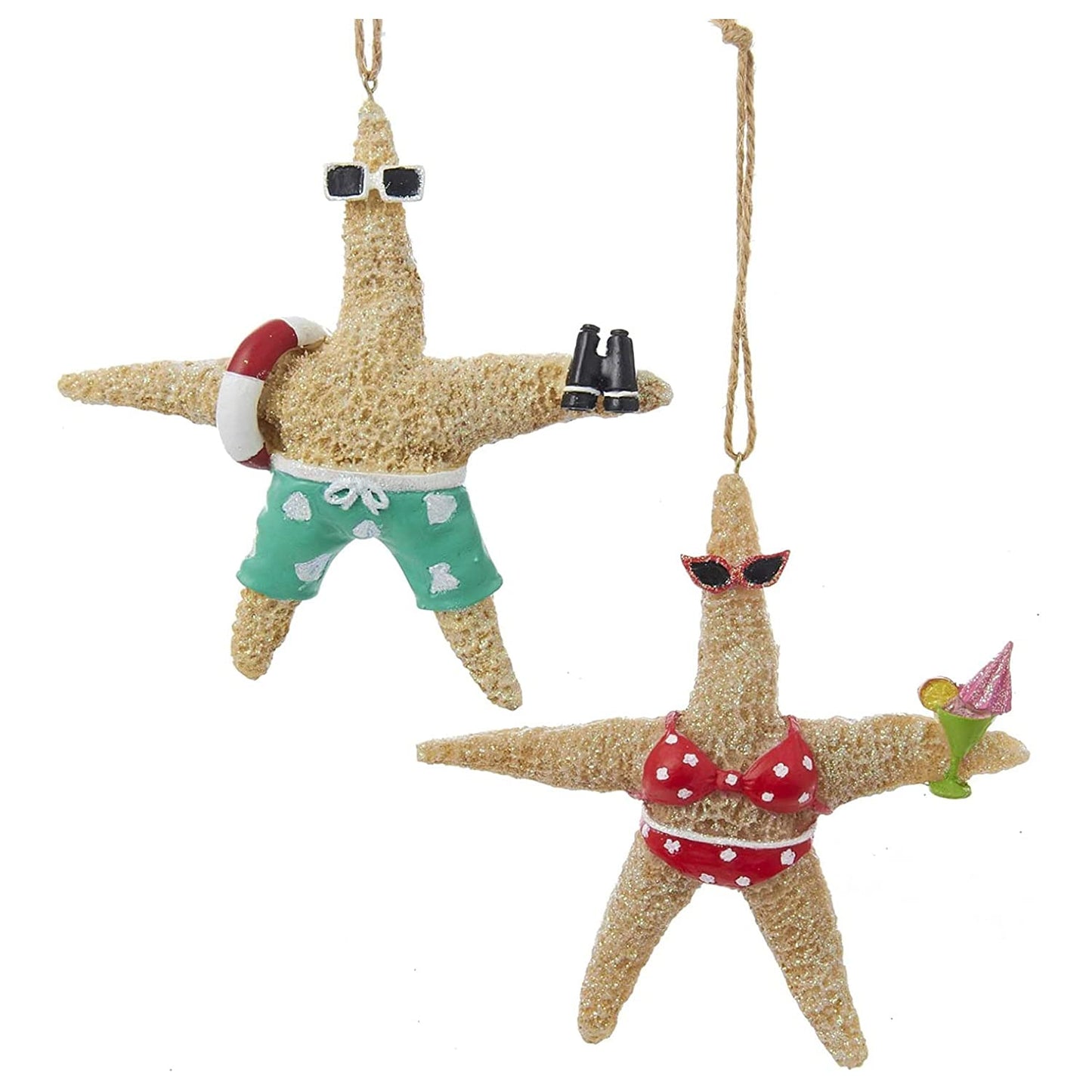Kurt Adler C8971 Beach Style Tan Starfish Couple Decorative Holiday Christmas Tree Ornament Set with Twine Rope Hanger (2 Pack)