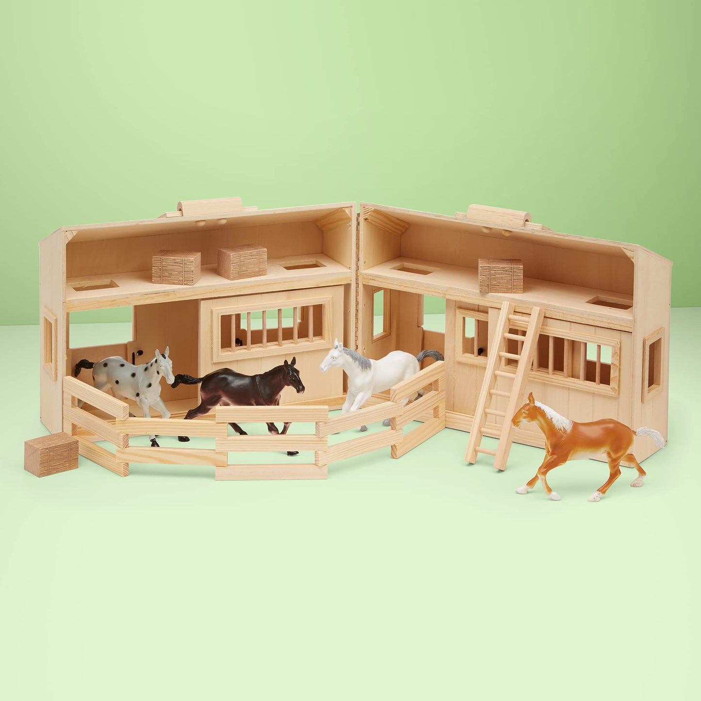 Melissa & Doug Fold and Go Wooden Horse Stable Dollhouse With Handle and Toy Horses (11 pcs) - Portable Horse Barn Play Set, Toy Horse Figures For Kids 3+