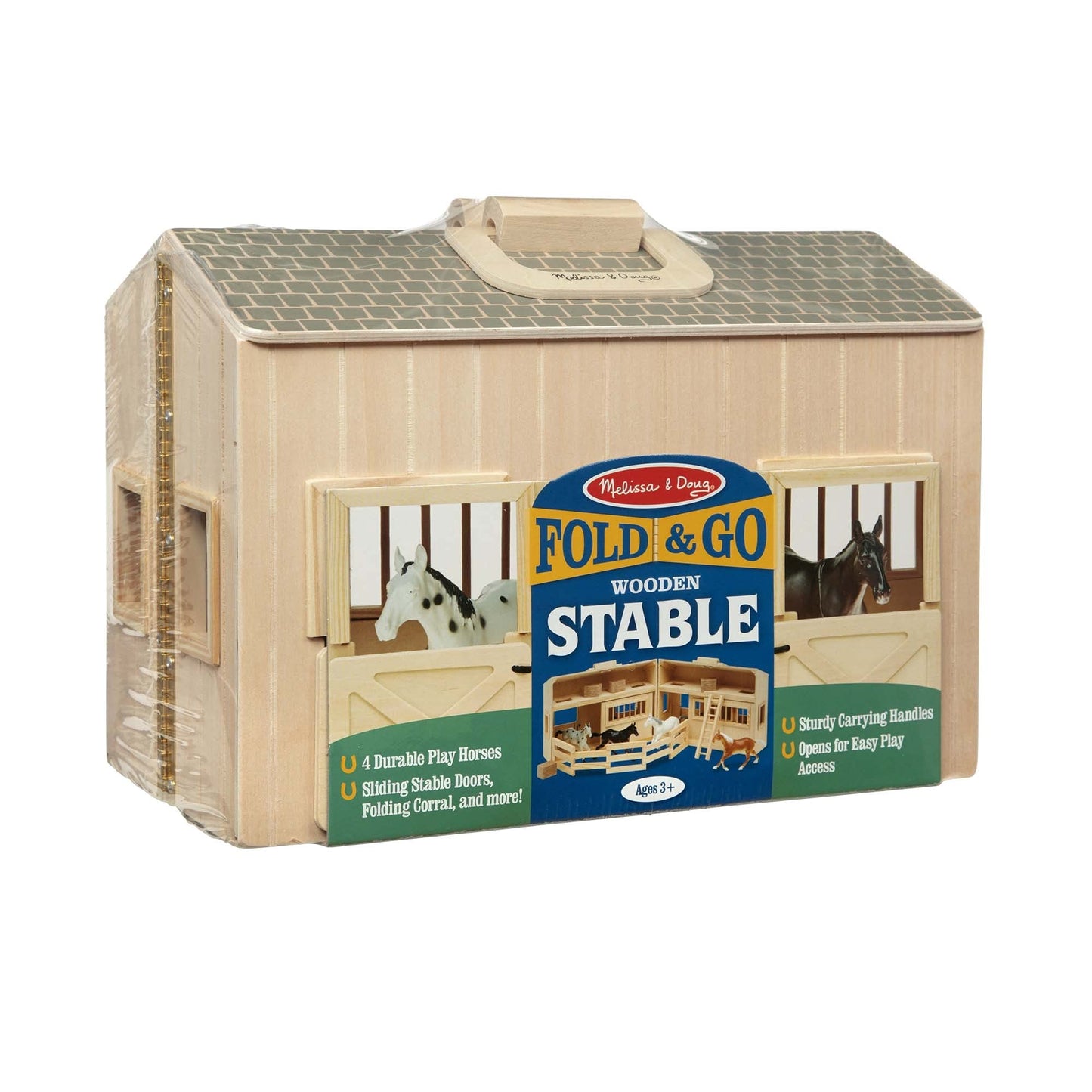 Melissa & Doug Fold and Go Wooden Horse Stable Dollhouse With Handle and Toy Horses (11 pcs) - Portable Horse Barn Play Set, Toy Horse Figures For Kids 3+