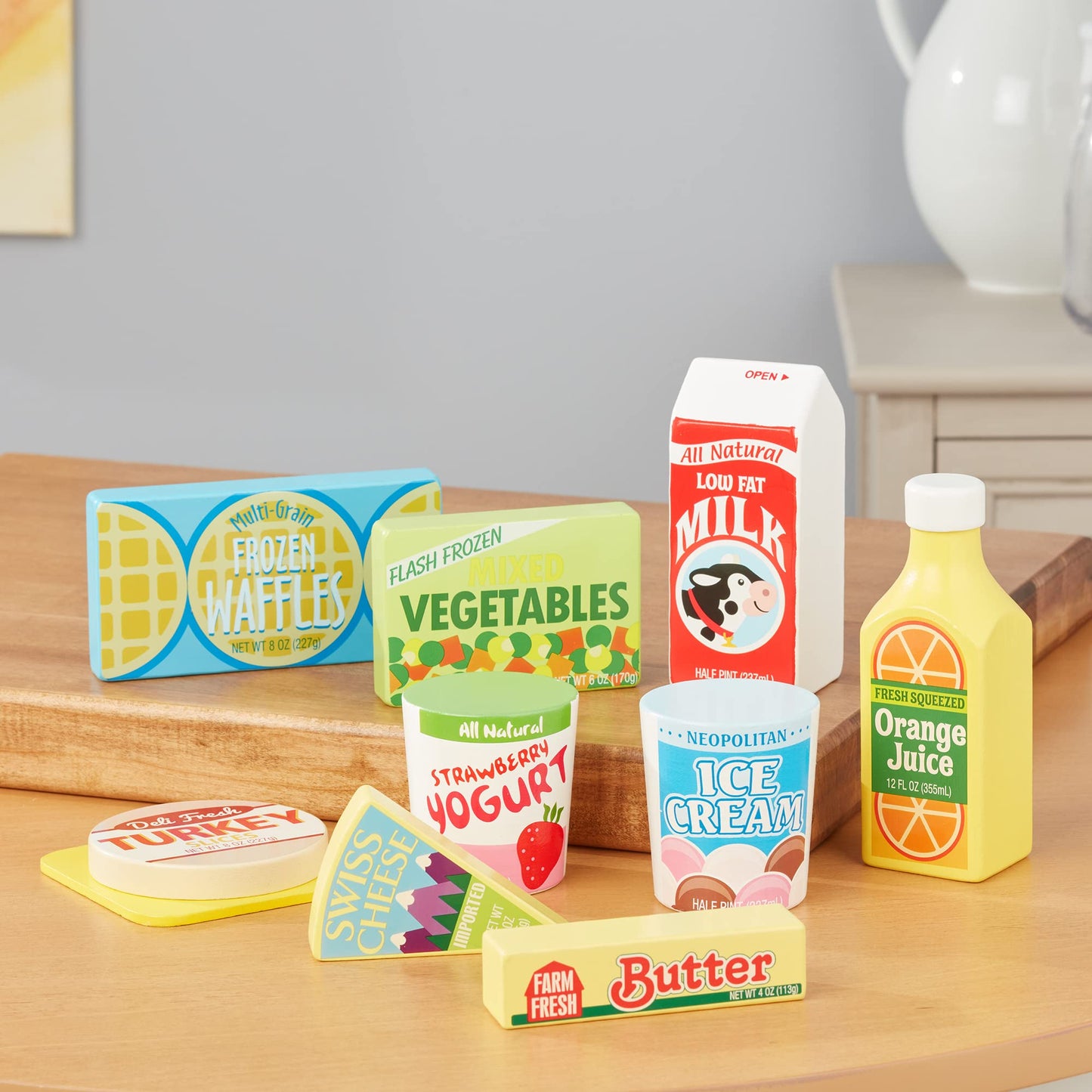 Melissa & Doug Fridge Food Wooden Play Food Set (9 pcs) - Pretend Play Kitchen Accessories, Play Food Sets For Kids Kitchen, Wooden Play Grocery Sets For Kids Ages 3+