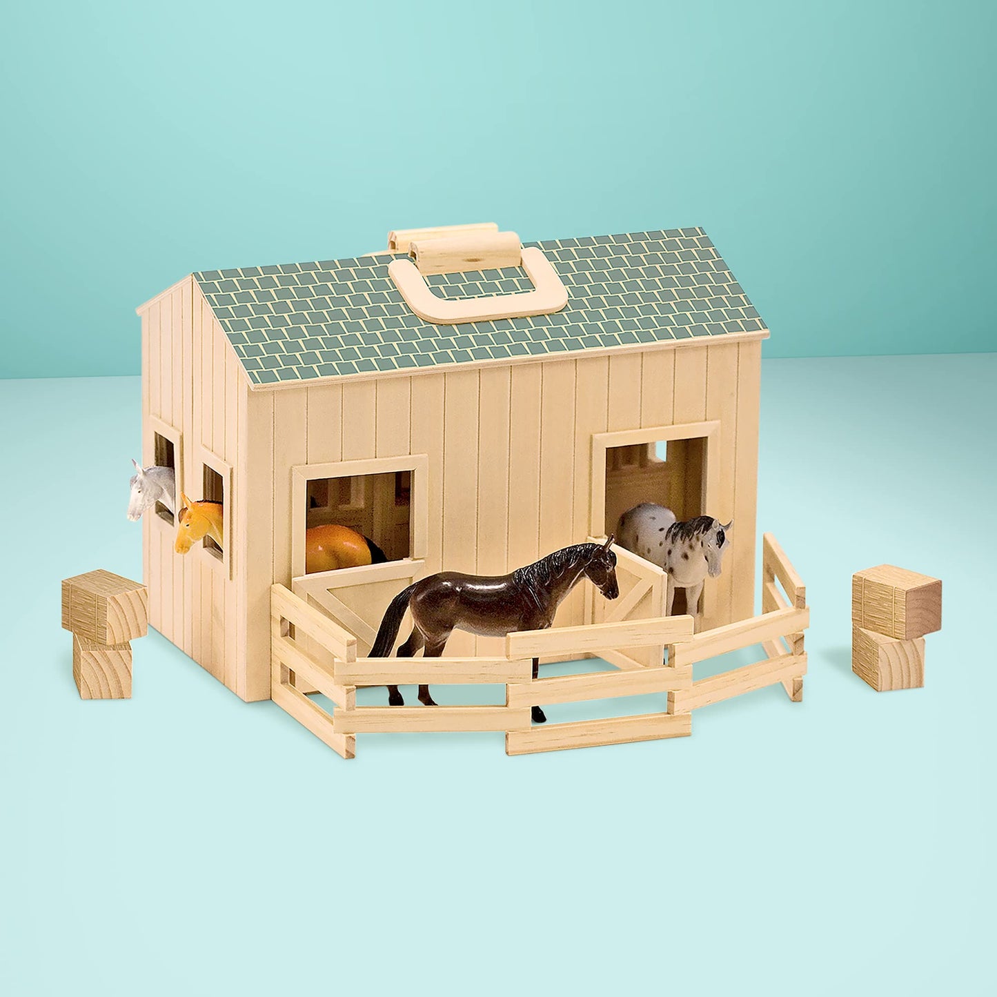 Melissa & Doug Fold and Go Wooden Horse Stable Dollhouse With Handle and Toy Horses (11 pcs) - Portable Horse Barn Play Set, Toy Horse Figures For Kids 3+