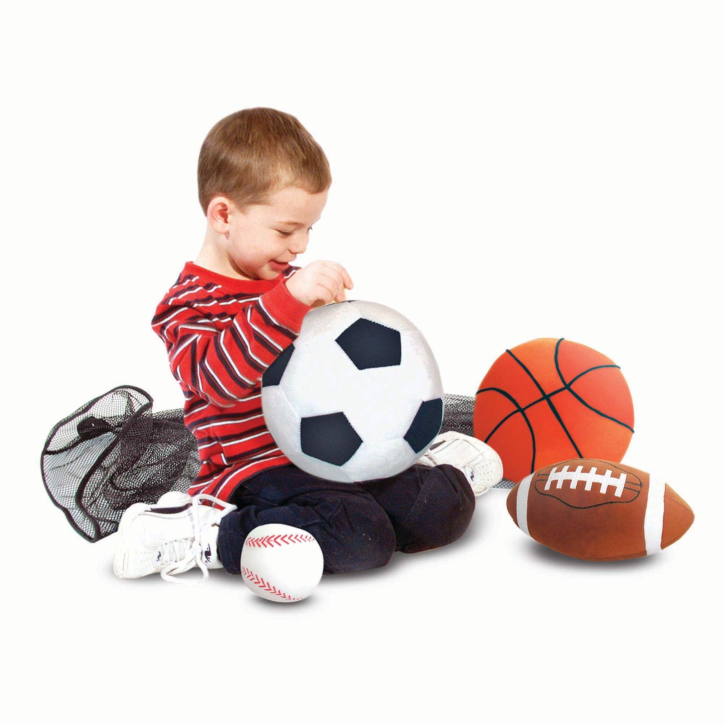 Melissa & Doug Sports Throw Pillows With Mesh Storage Bag - Plush Basketball, Baseball, Soccer Ball, and Football