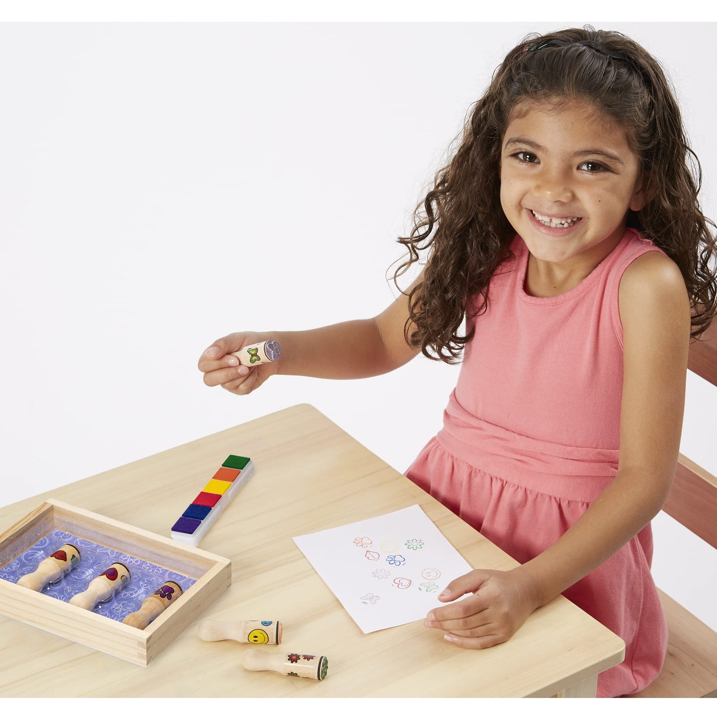 Melissa & Doug Happy Handles Wooden Stamp Set: 6 Stamps and 6-Color Stamp Pad - Kids Stamp Packs With Washable Ink, Easy To Hold Stampers For Kids Ages 4+