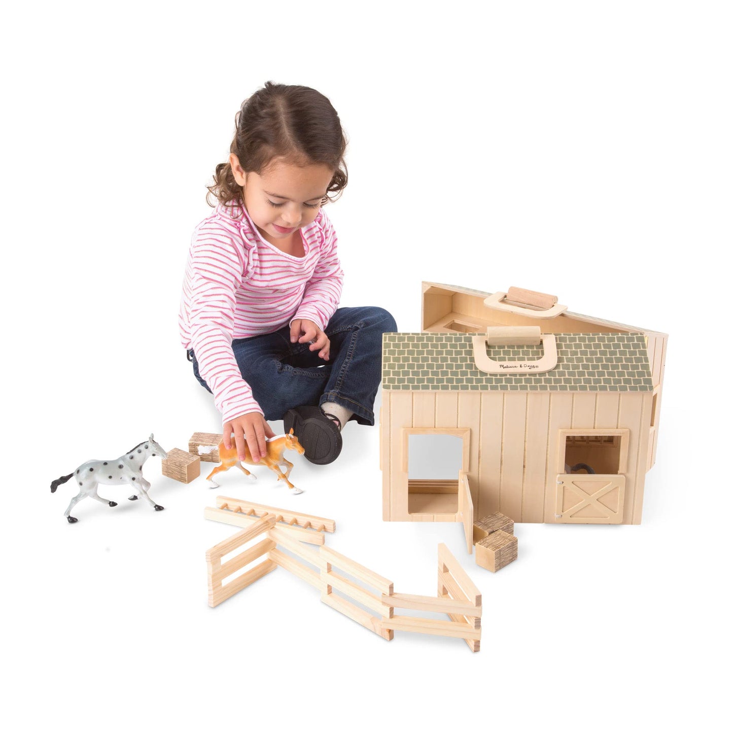 Melissa & Doug Fold and Go Wooden Horse Stable Dollhouse With Handle and Toy Horses (11 pcs) - Portable Horse Barn Play Set, Toy Horse Figures For Kids 3+