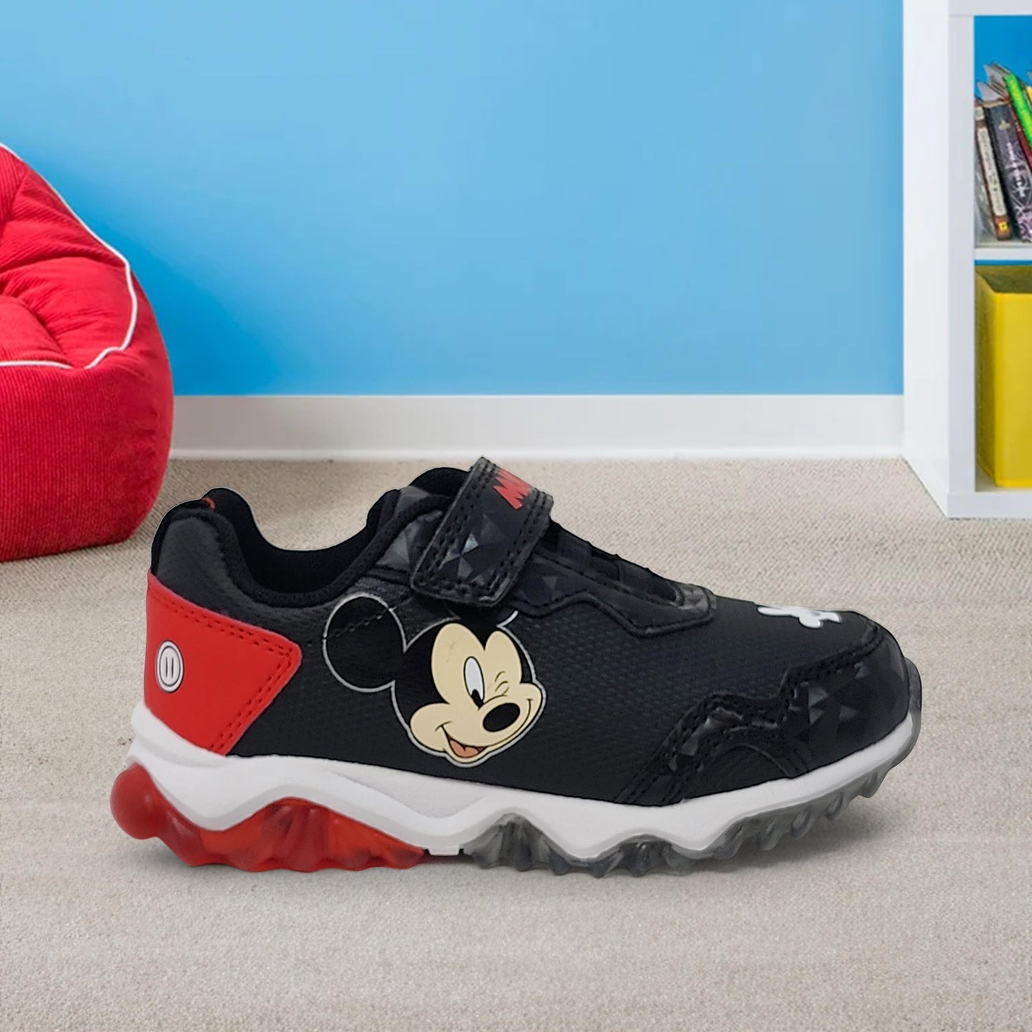 Disney Mickey Mouse Boy's Lighted Athletic Sneaker Light Up Shoes Children W/Adjustable Strap (Toddler, Little Kid), Black/Red