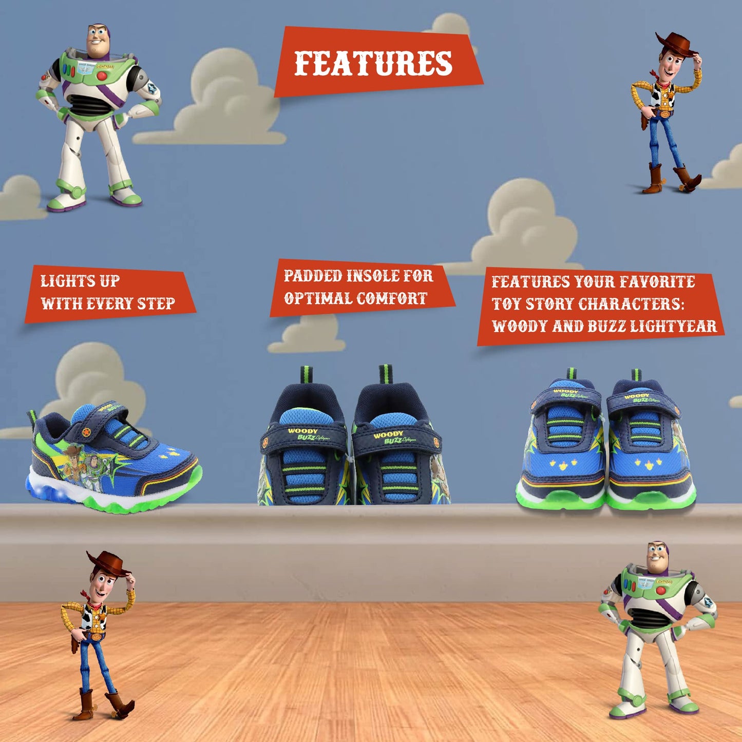 Disney Pixar Toy Story Boy's Lighted Athletic Sneaker, Navy/Blue/Green (Toddler/Little Kid)