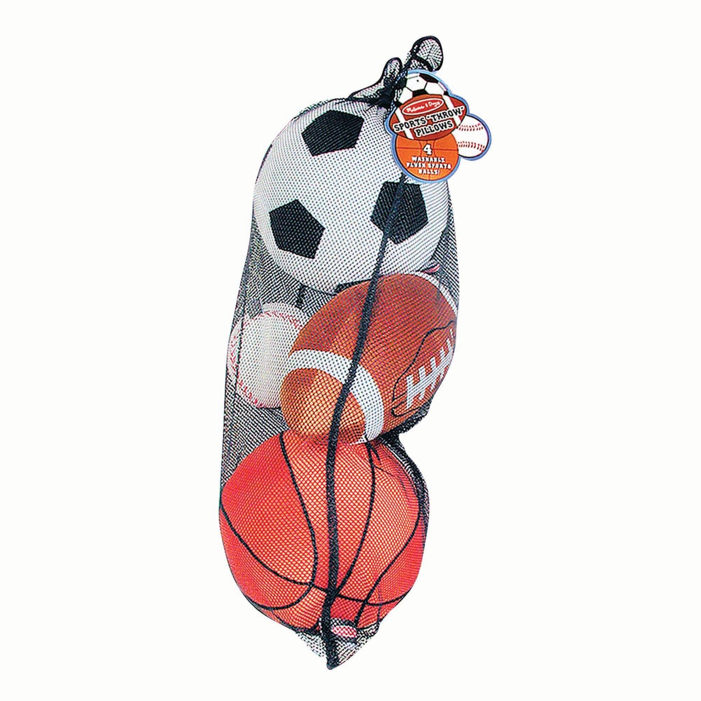 Melissa & Doug Sports Throw Pillows With Mesh Storage Bag - Plush Basketball, Baseball, Soccer Ball, and Football