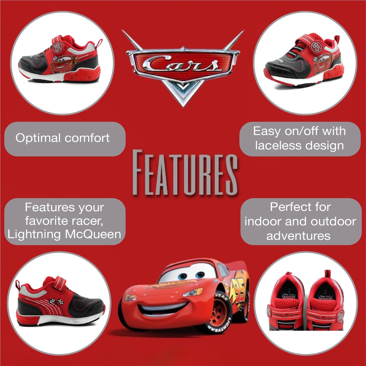 Disney Pixar Cars Boy's Lighted Athletic Sneaker, Black/Red (Toddler/Little Kid)