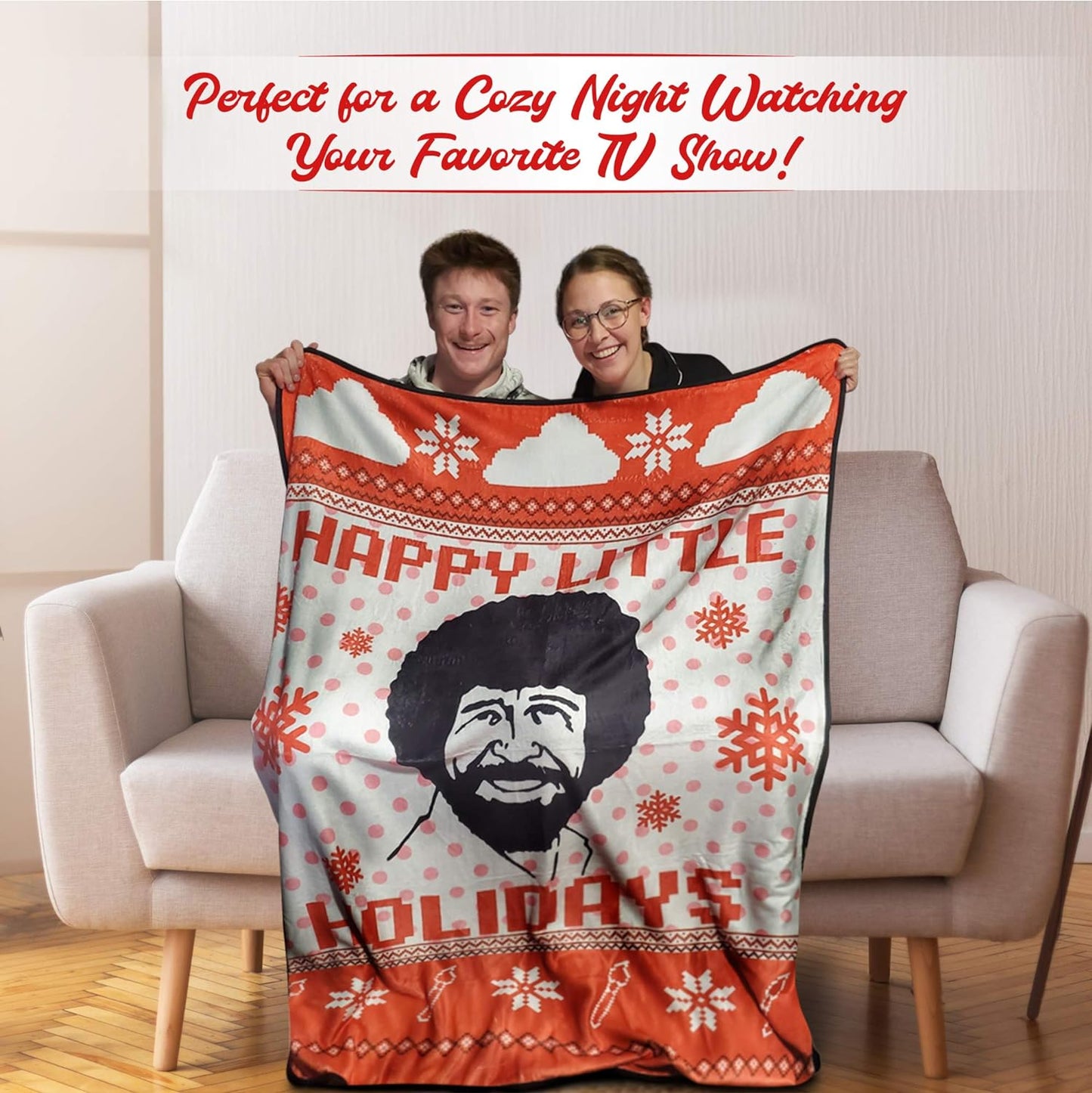 Bob Ross Happy Little Holidays Fleece Softest Comfy Throw Blanket for Adults & Kids| Measures 60 x 45 Inches