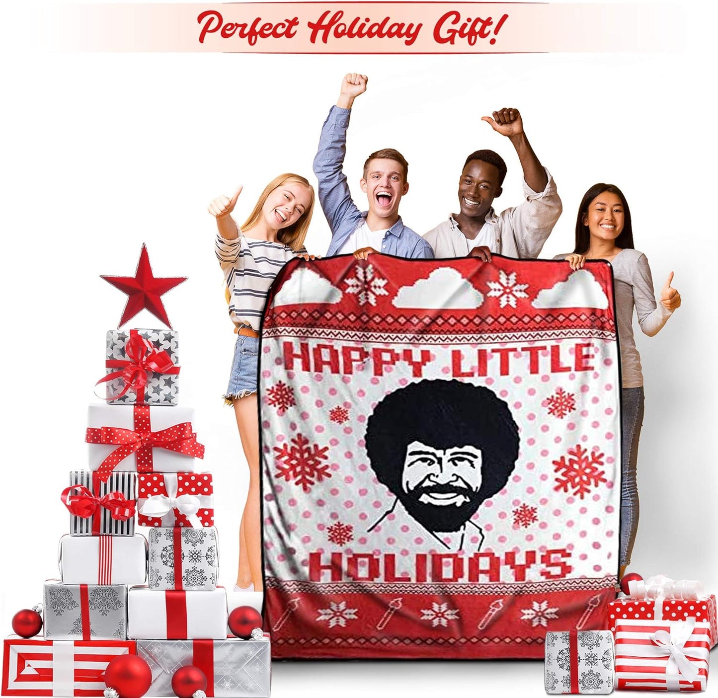 Bob Ross Happy Little Holidays Fleece Softest Comfy Throw Blanket for Adults & Kids| Measures 60 x 45 Inches