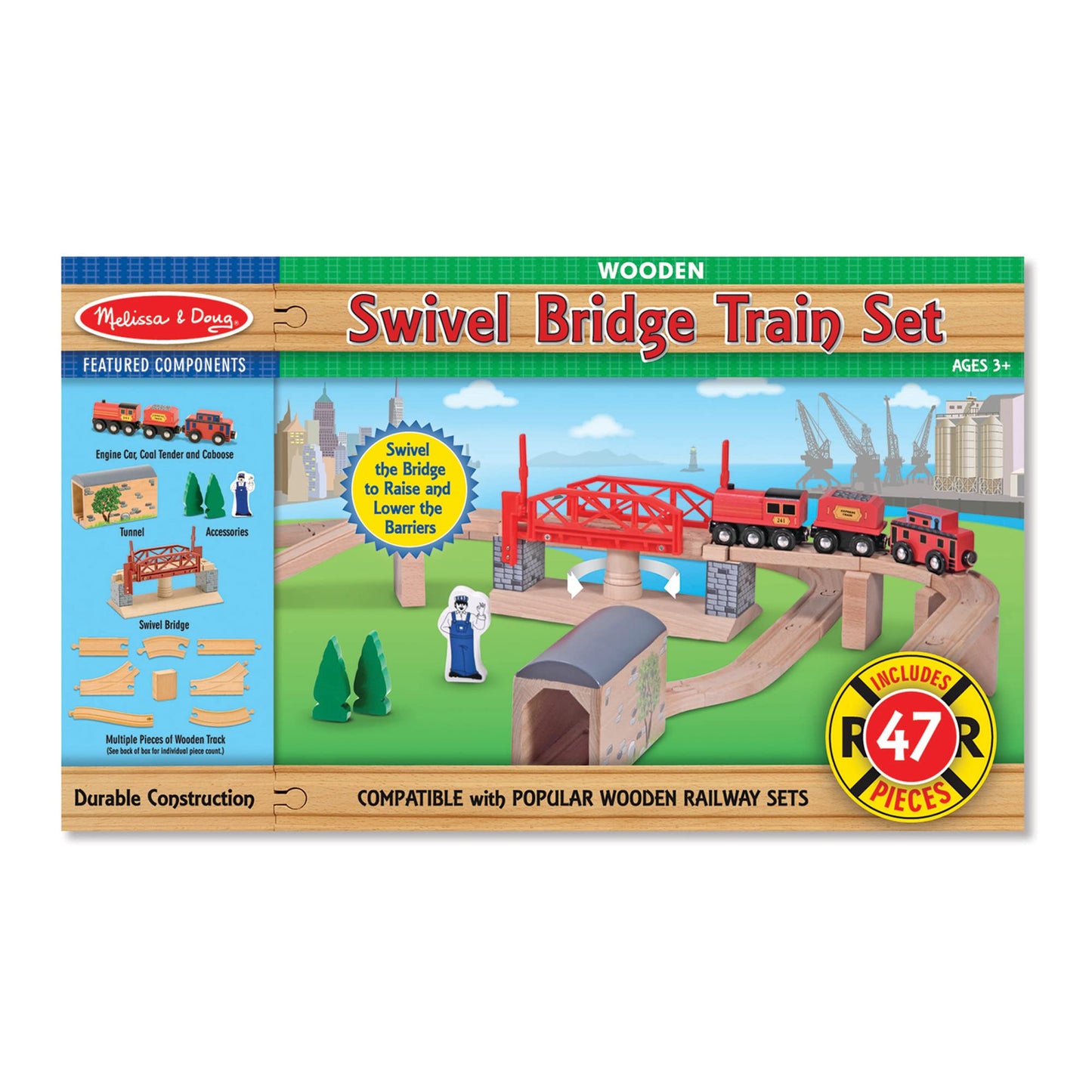 Melissa & Doug Swivel Bridge Wooden Train Set (47 pcs) - Wooden Train Set For Kids Ages 3+