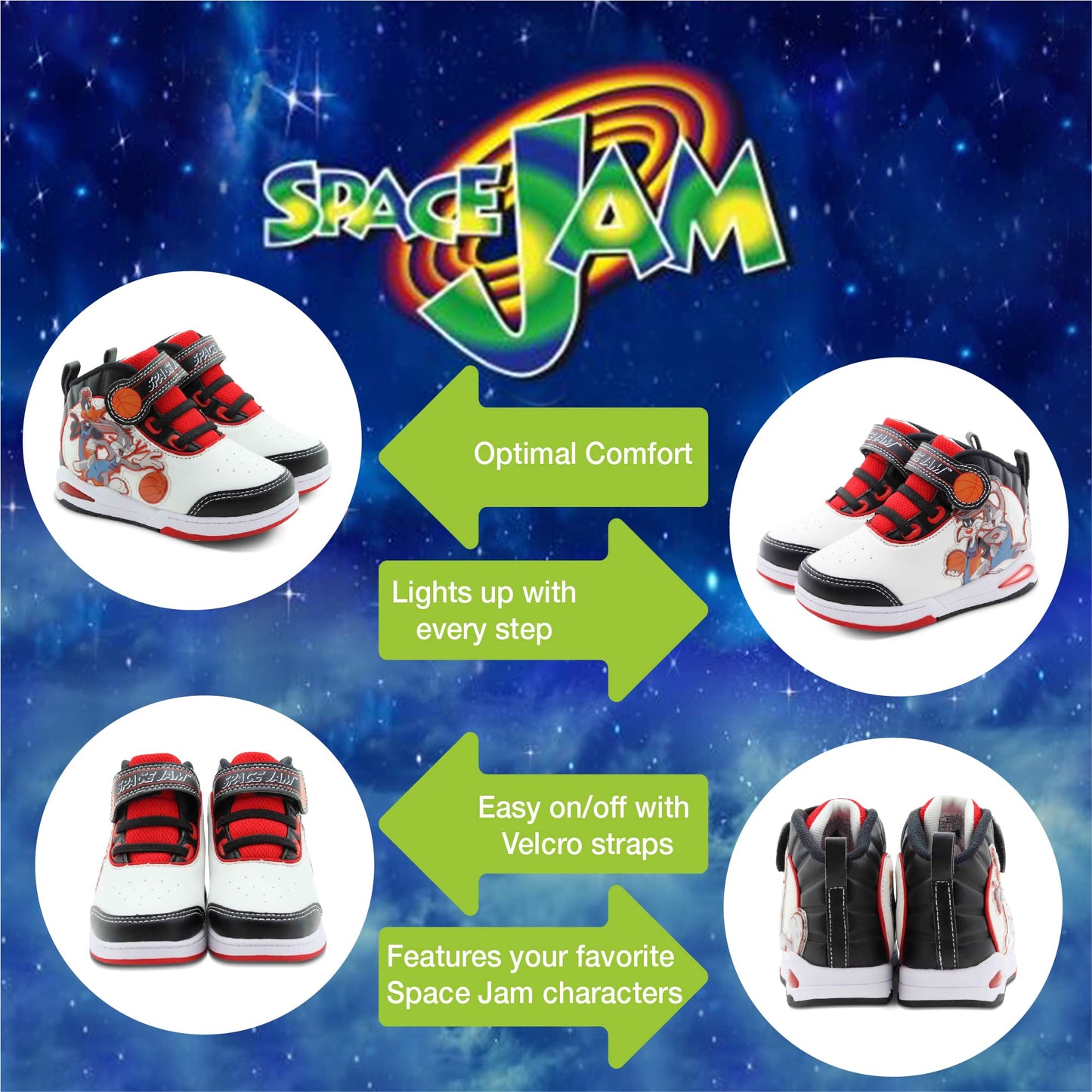 Space Jam Boy's Lighted Hi-Top Sneaker, White/Black/Red (Toddler/Little Kid)