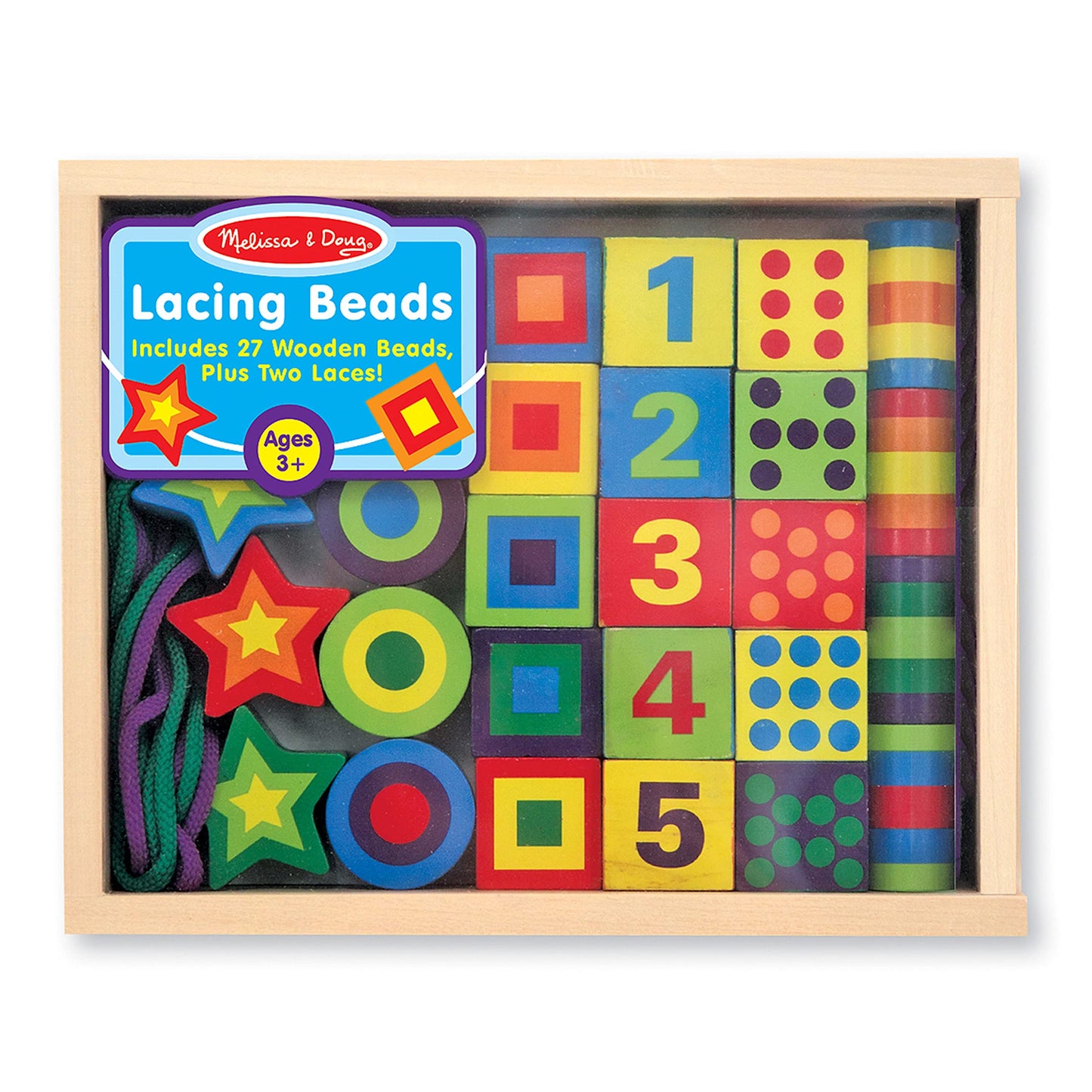 Melissa & Doug Deluxe Wooden Lacing Beads - Educational Activity With 27 Beads and 2 Laces - Beads For Toddlers, Fine Motor Skills Lacing Toys For Toddlers And Kids Ages 3+