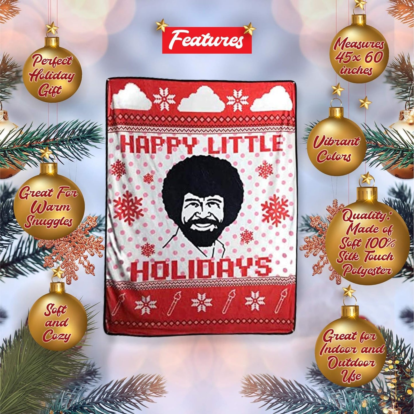 Bob Ross Happy Little Holidays Fleece Softest Comfy Throw Blanket for Adults & Kids| Measures 60 x 45 Inches