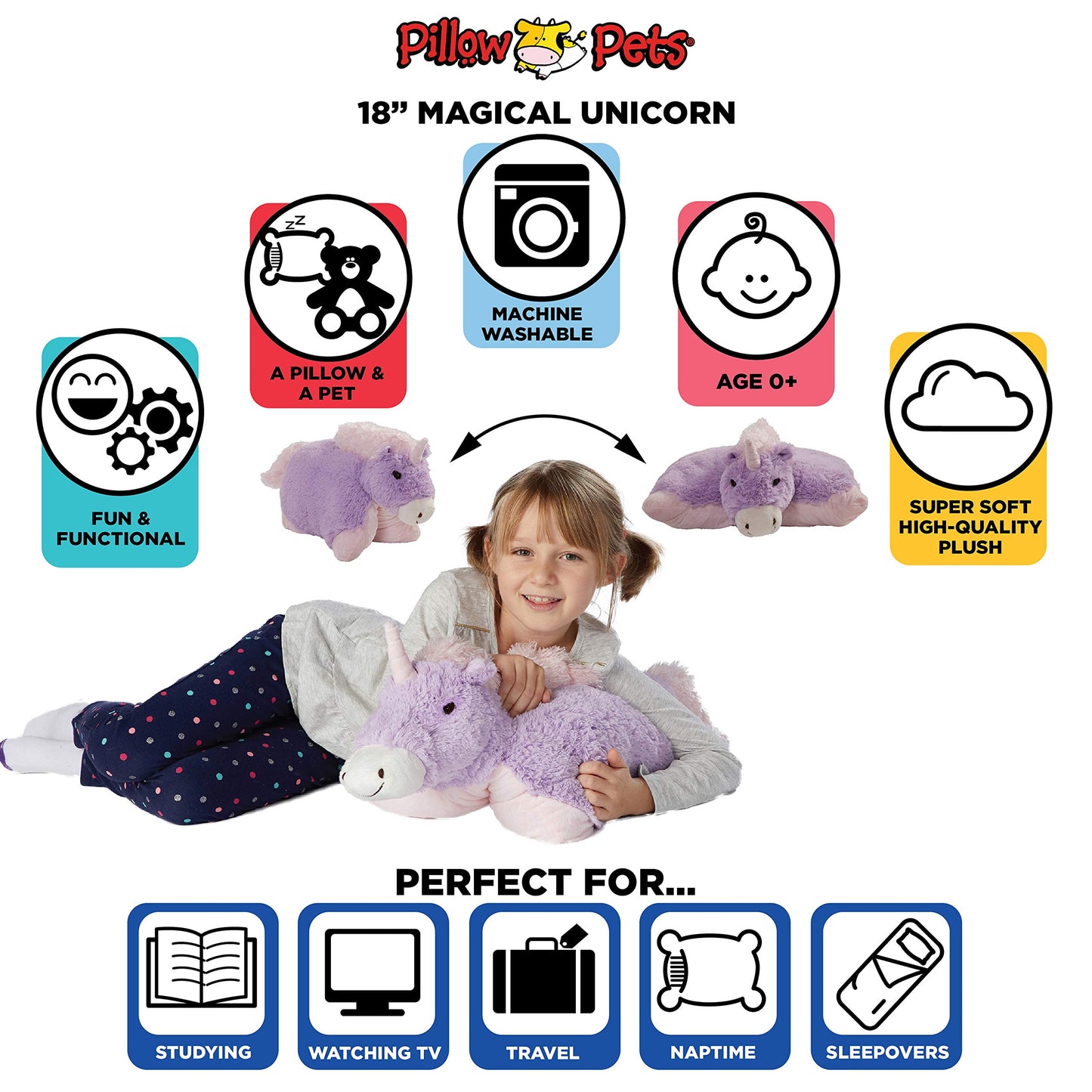 Pillow Pets Originals Magical Unicorn, 18" Stuffed Animal Plush Toy