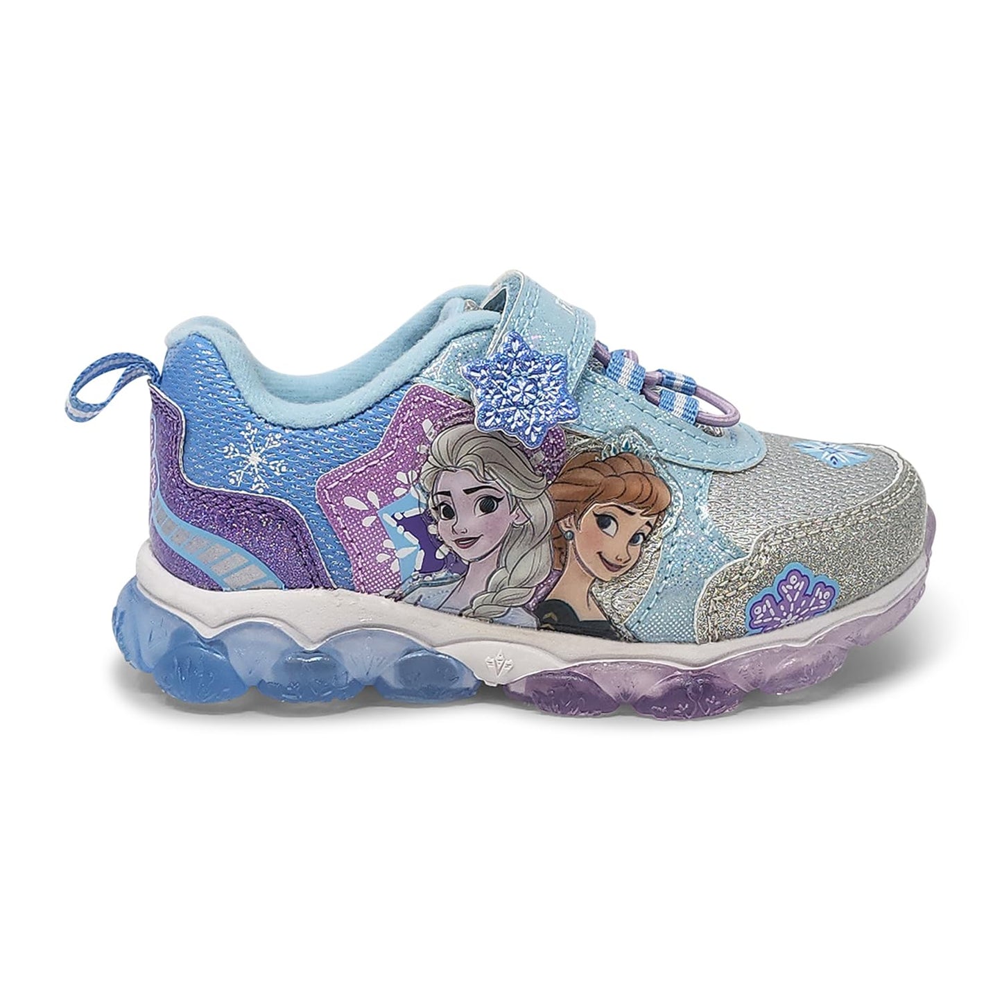 Disney Frozen Girl's Lighted Athletic Sneaker Elsa and Anna Light Up Shoes Children W/Adjustable Strap Lilac/Blue