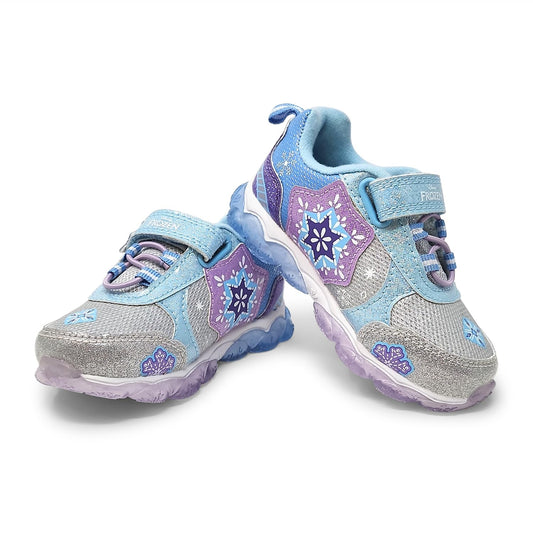 Disney Frozen Girl's Lighted Athletic Sneaker Elsa and Anna Light Up Shoes Children W/Adjustable Strap Lilac/Blue