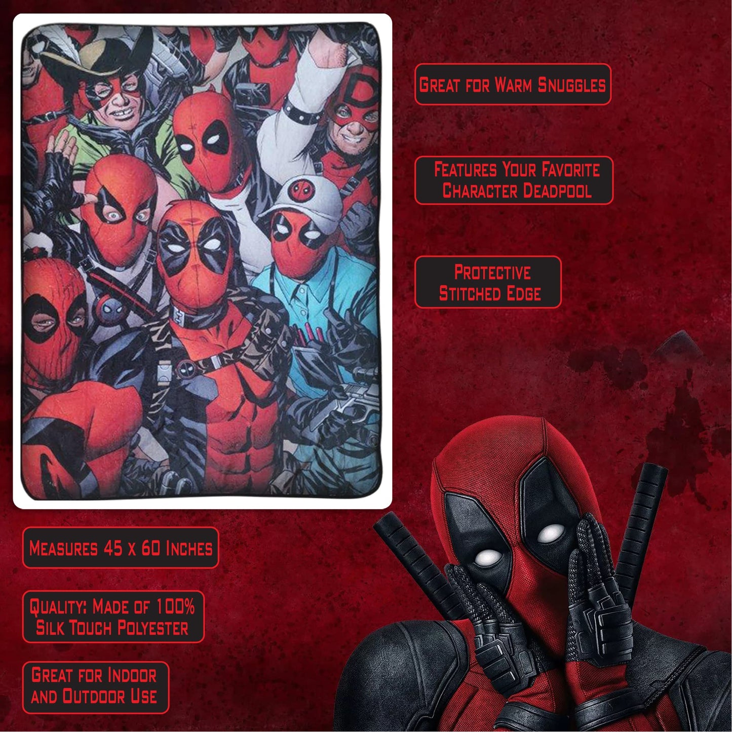 Bazillion Dreams Marvel Deadpool Faces Fleece Softest Comfy Throw Blanket for Adults & Kids| Measures 60 x 45 Inches