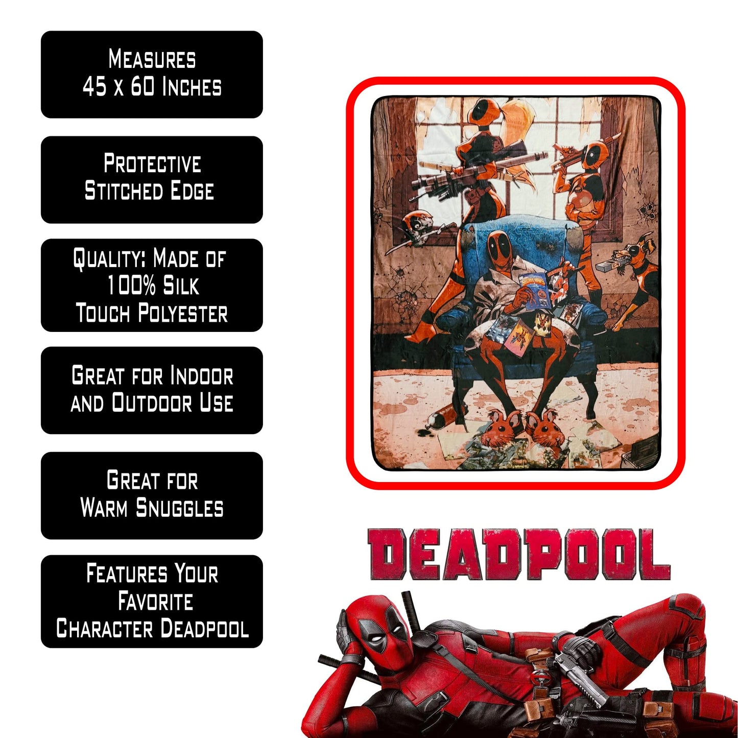 Marvel Deadpool Family Fleece Softest Comfy Throw Blanket For Adults & Kids, Measures 60 X 45 Inches