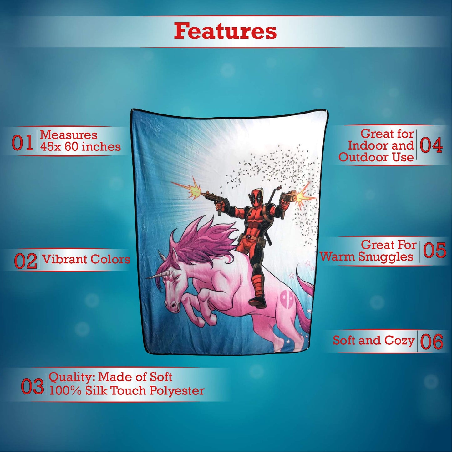 Bazillion Dreams Marvel Deadpool Unicorn Fleece Softest Comfy Throw Blanket for Adults & Kids| Measures 60 x 45 Inches