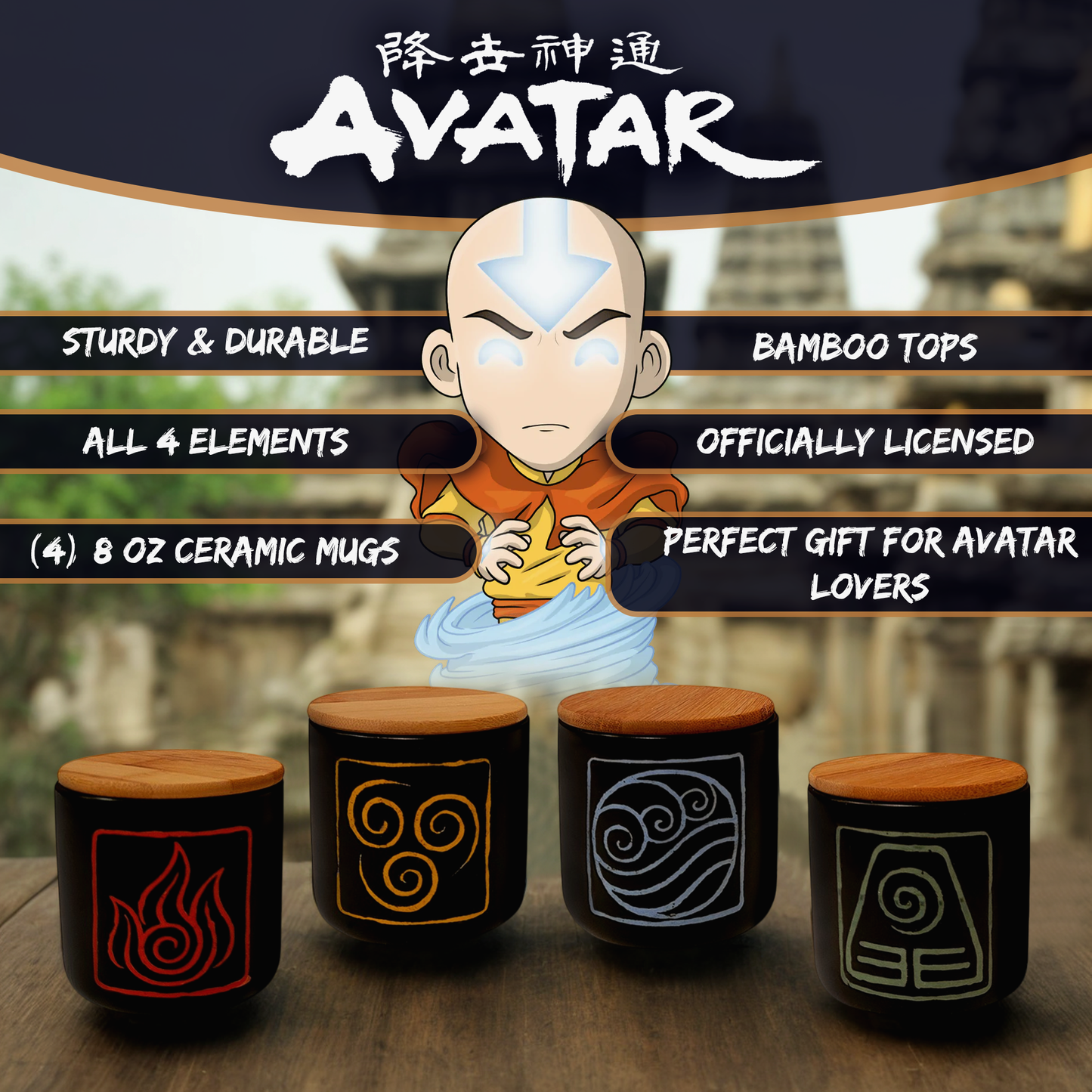 Avatar The Last Airbender Mug Set - Four Nations with Bamboo Lids - Perfect Gift for Fans of Aang, Katara, Sokka, and Zuko