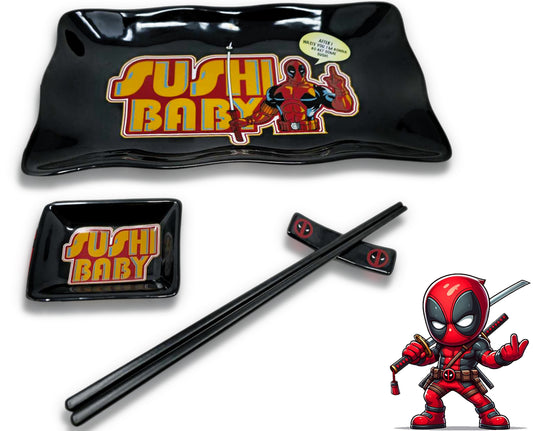 Marvel Deadpool 4 Piece Japanese Sushi Dinnerware Set, Black