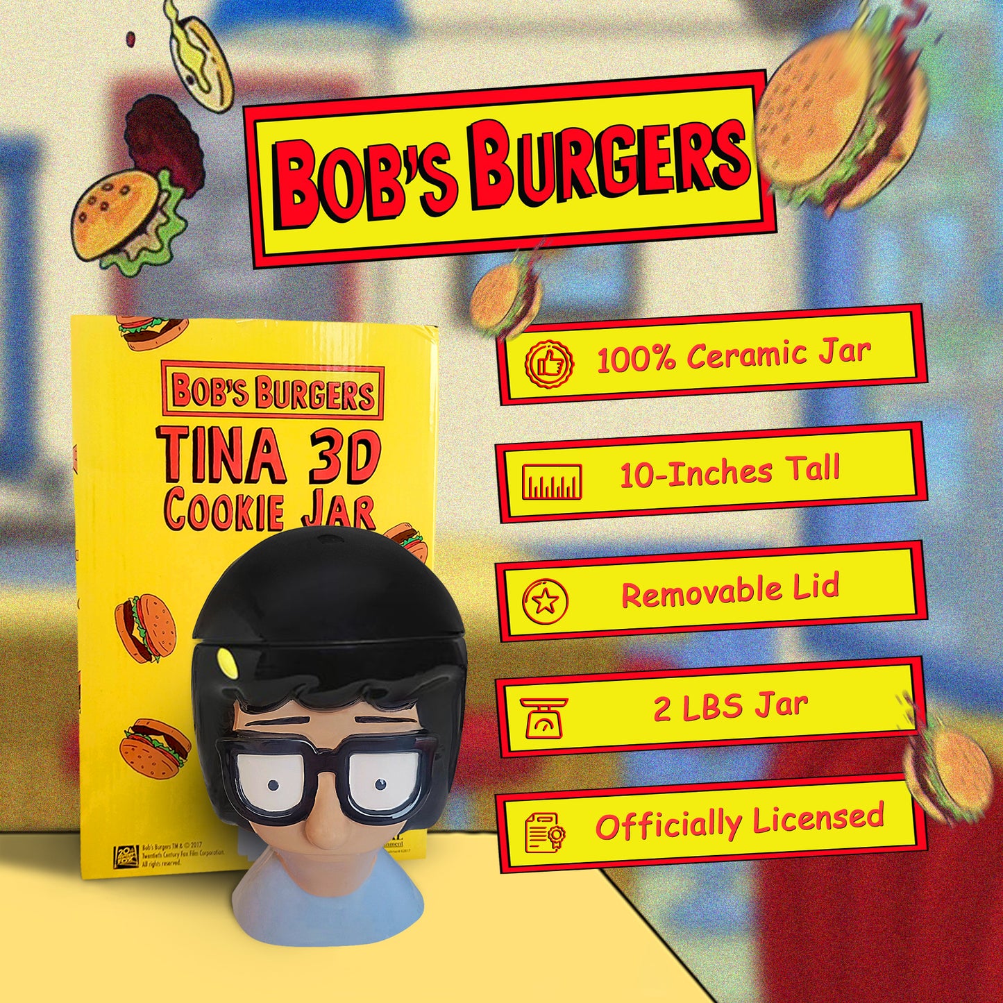 Bob's Burgers Restaurant Tina Belcher 10-Inch Cookie Jar Container with Lid | Kitchen Storage for Snacks Kids & Adults