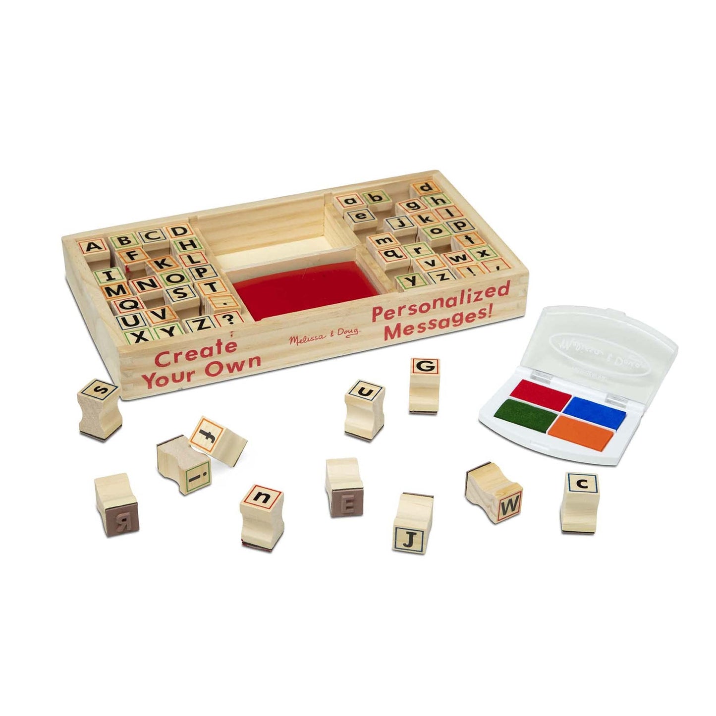 Melissa & Doug Wooden Alphabet Stamp Set - 56 Stamps With Lower-Case and Capital Letters - Preschool Writing Toys, ABC Stamps, Kids Arts & Crafts, Letter Stamps For Kids Ages 4+