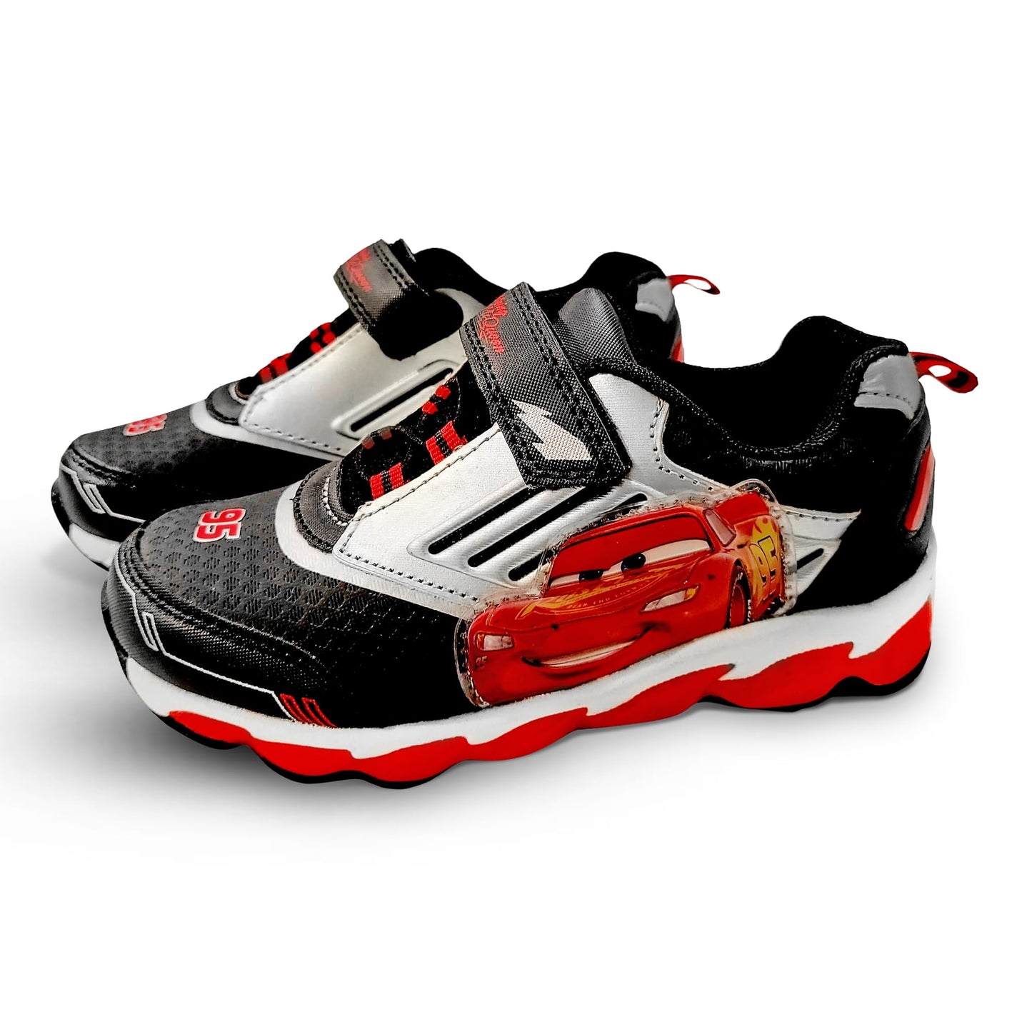 Disney Cars Boy's Lighted Athletic Sneaker Lightning McQueen Light Up Shoes Children W/Adjustable Strap Red/Silver