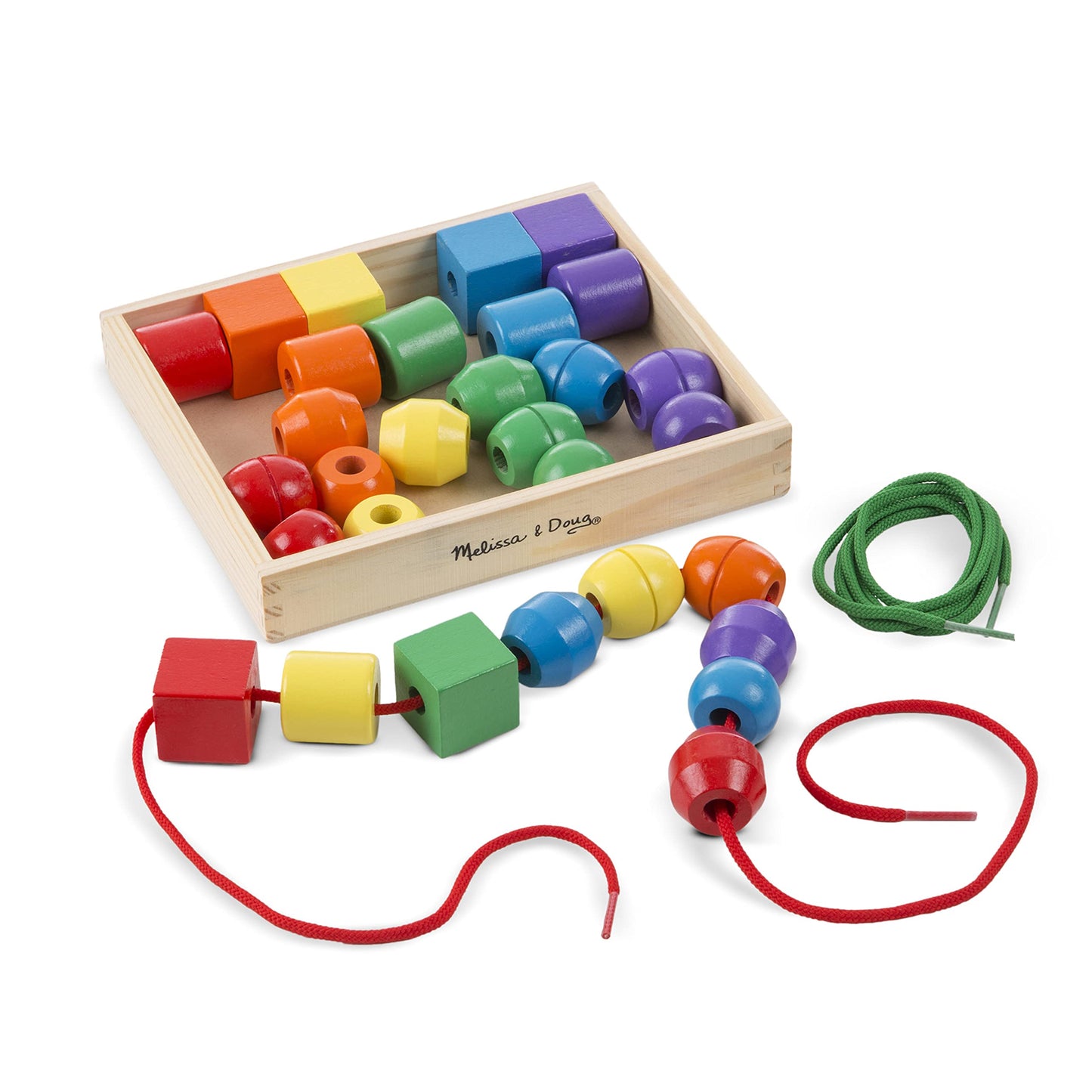 Melissa & Doug Primary Lacing Beads - Educational Toy With 30 Wooden Beads and 2 Laces - Beads For Toddlers, Fine Motor Skills Lacing Toys For Toddlers And Kids Ages 3+