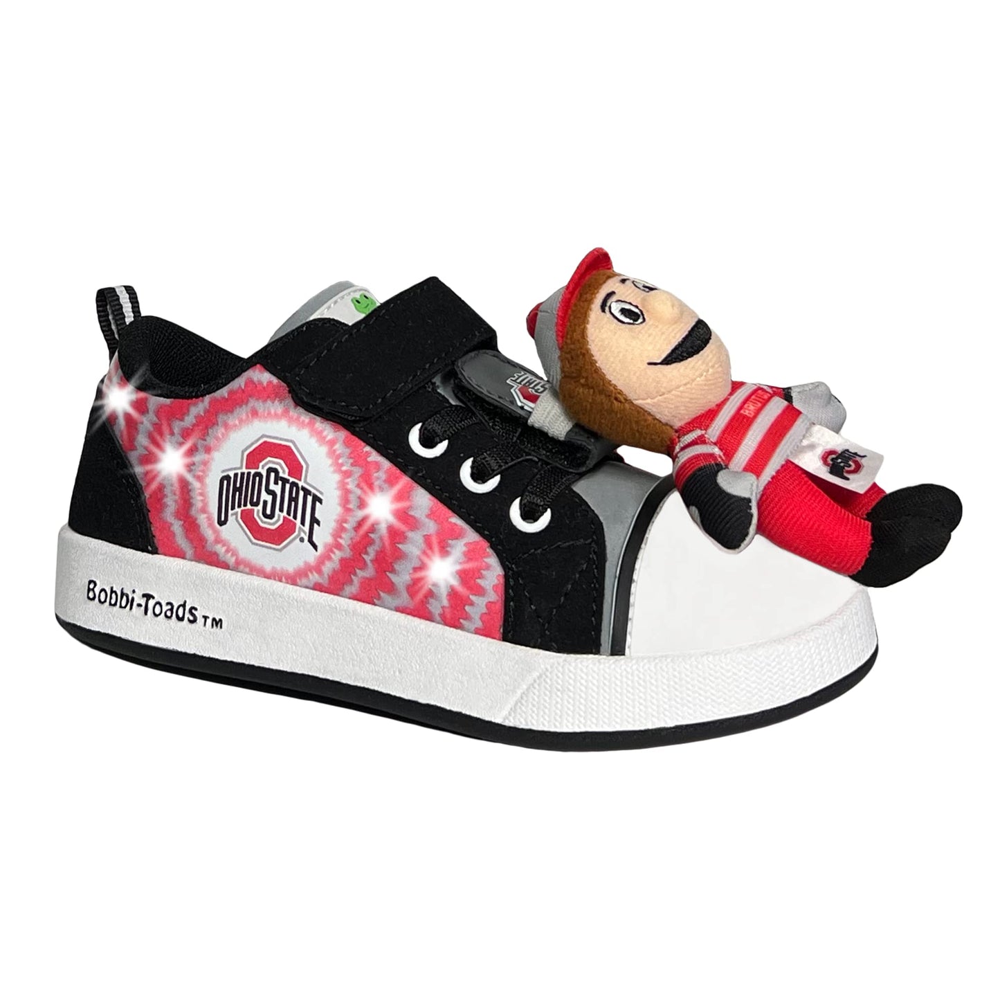 Bobbi-Toads Ohio State University Kids Lighted Sneaker OSU Child Shoes Tennis Shoes Buckeye with Mascot Brutus Plushie
