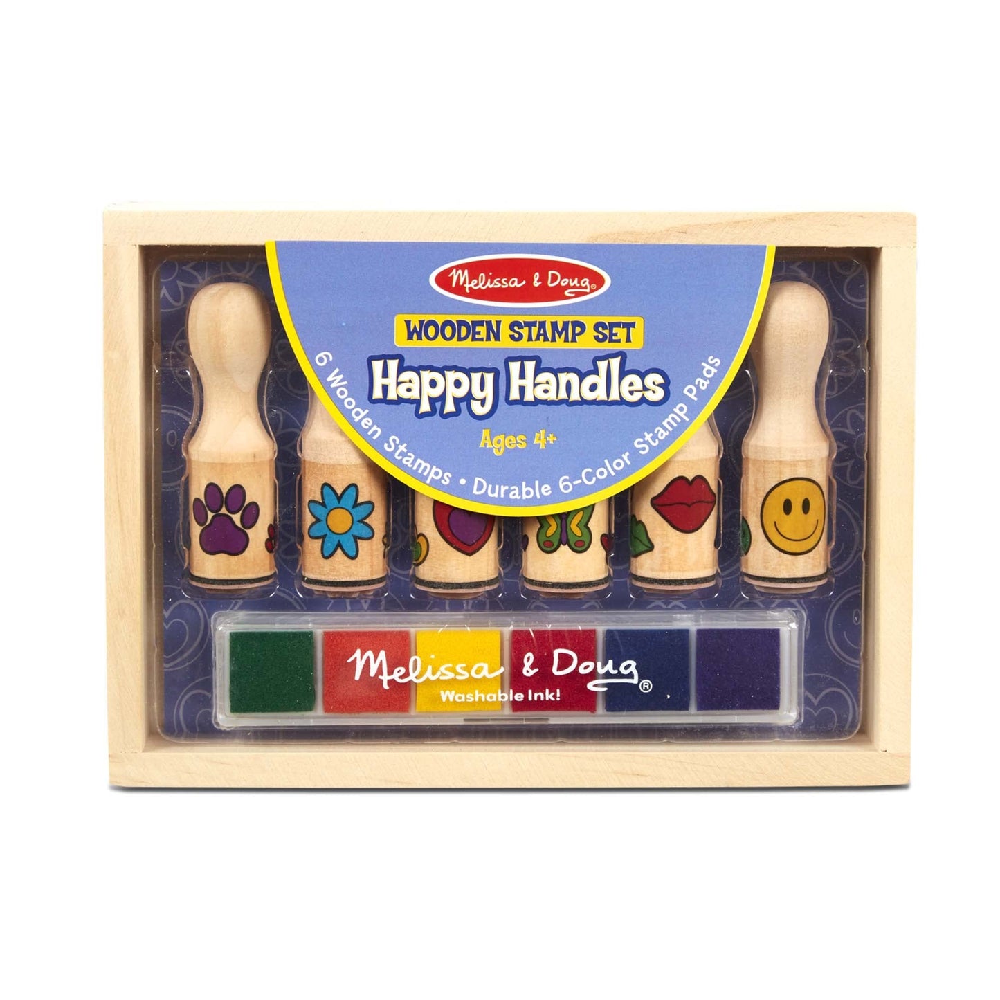 Melissa & Doug Happy Handles Wooden Stamp Set: 6 Stamps and 6-Color Stamp Pad - Kids Stamp Packs With Washable Ink, Easy To Hold Stampers For Kids Ages 4+