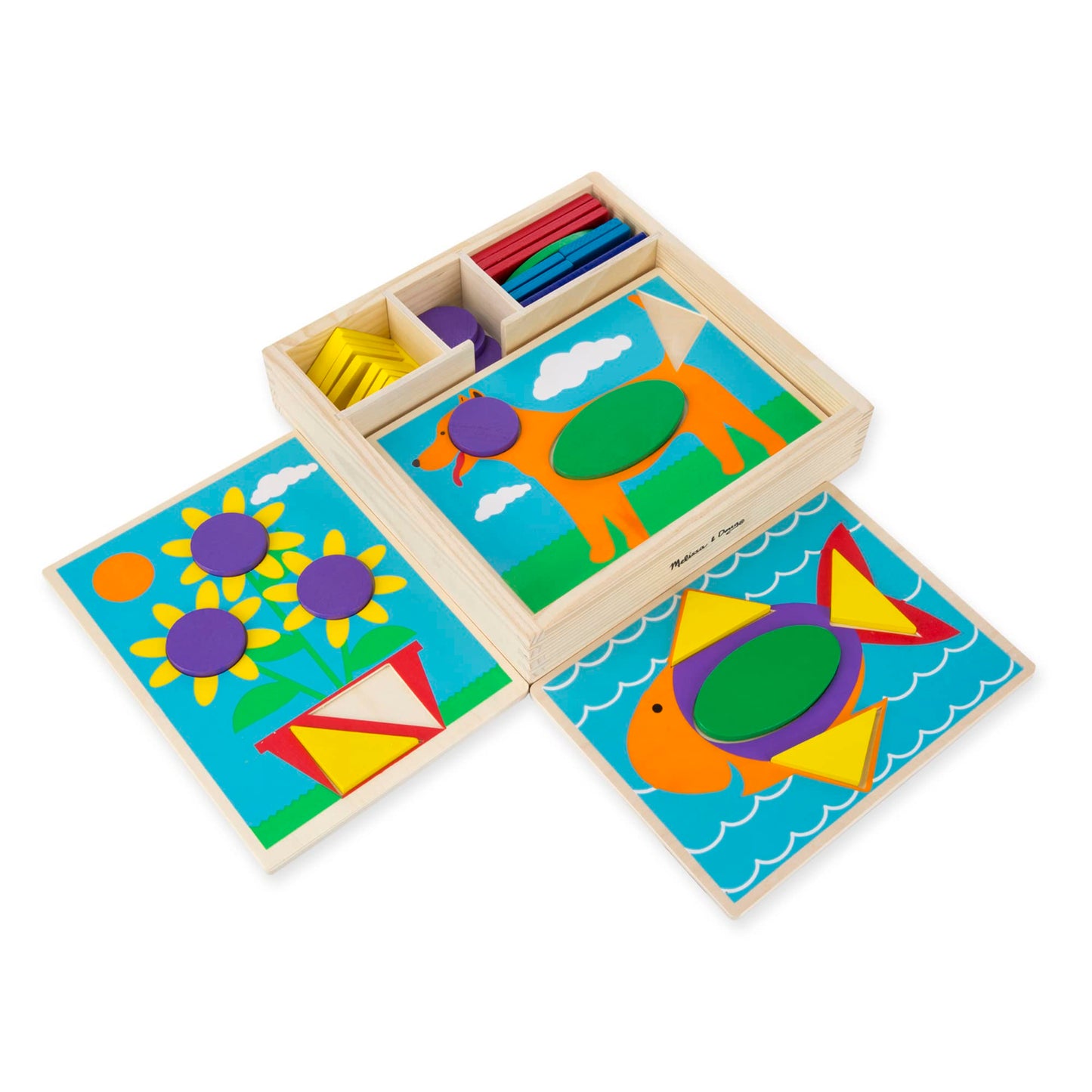 Melissa & Doug Beginner Wooden Pattern Blocks Educational Toy With 5 Double-Sided Scenes and 30 Shapes