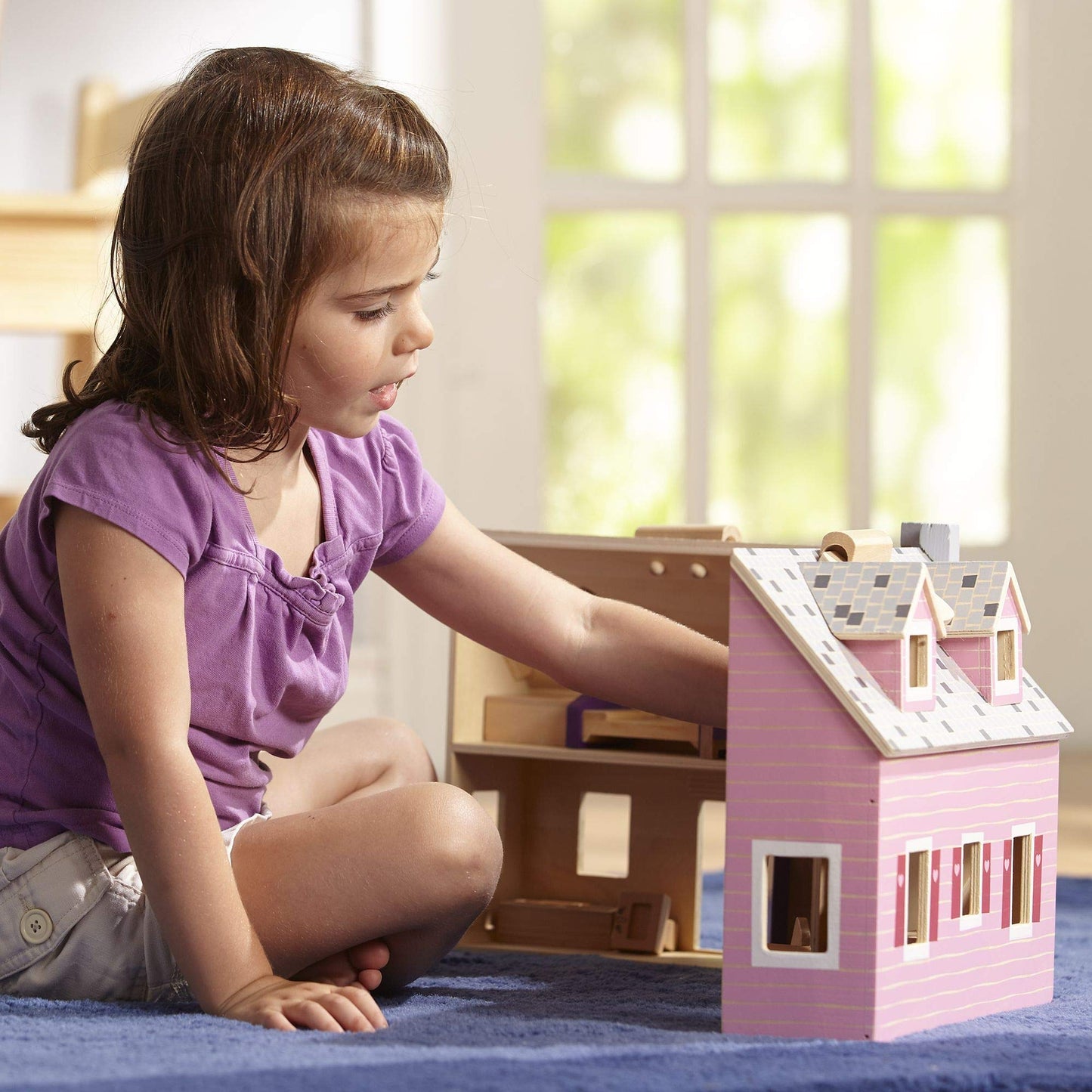 Melissa & Doug Fold and Go Wooden Dollhouse With 2 Dolls and Wooden Furniture,Multi,One Size