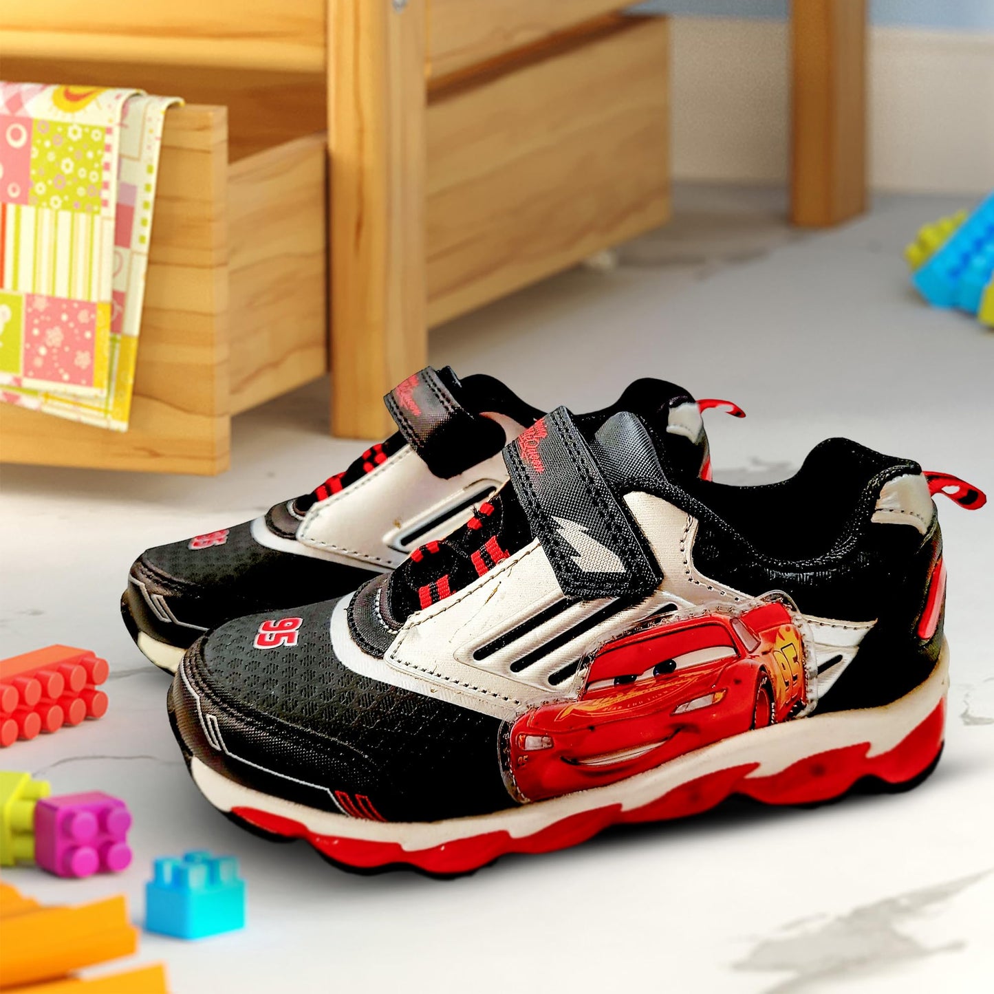 Disney Cars Boy's Lighted Athletic Sneaker Lightning McQueen Light Up Shoes Children W/Adjustable Strap Red/Silver