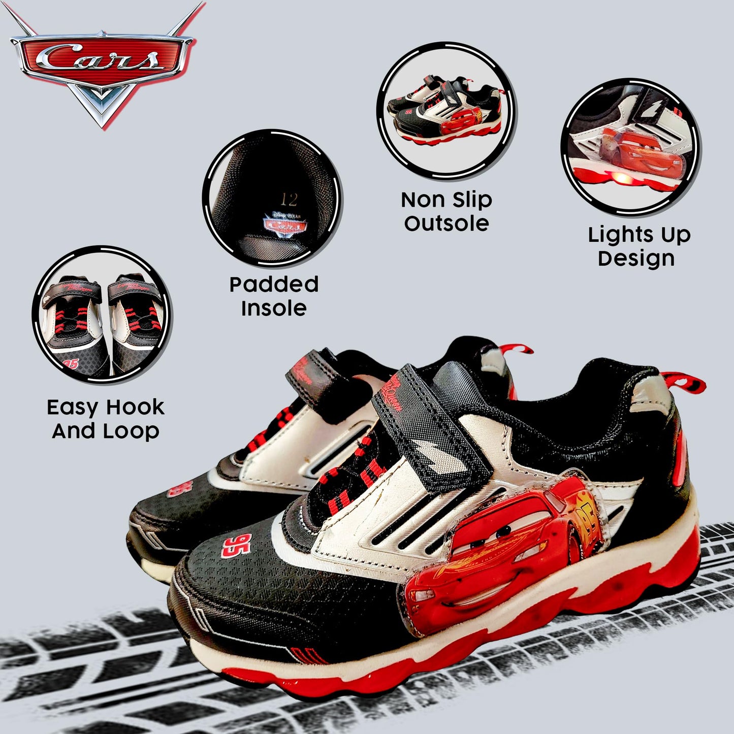 Disney Cars Boy's Lighted Athletic Sneaker Lightning McQueen Light Up Shoes Children W/Adjustable Strap Red/Silver