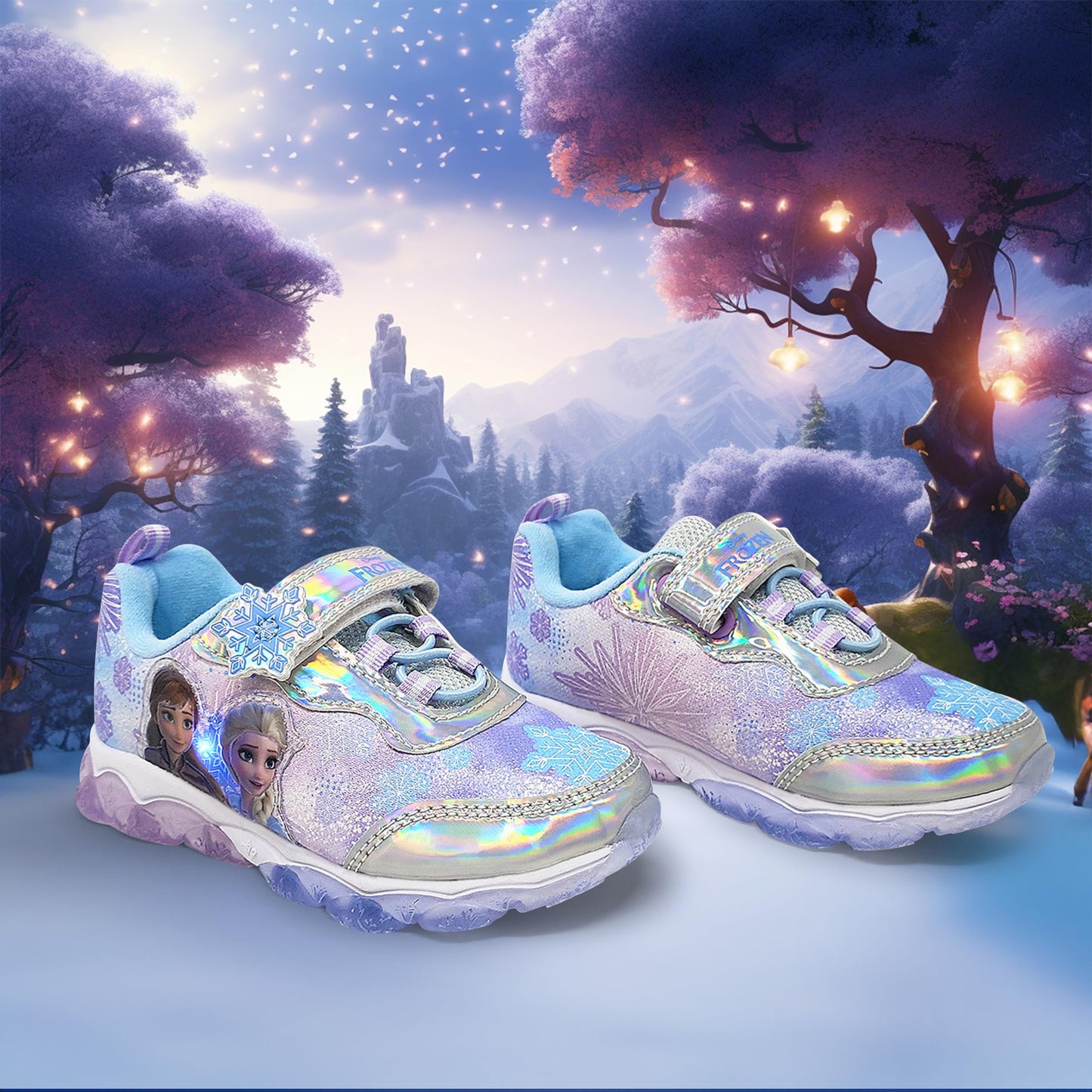 Disney Frozen Girl's Lighted Athletic Sneaker Elsa and Anna Light Up Shoes Children W/Adjustable Strap Silver/Blue