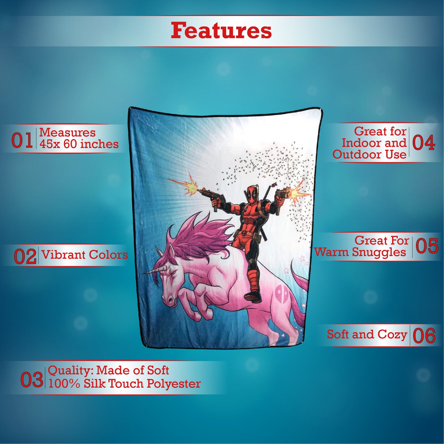 Marvel Deadpool Unicorn Fleece Softest Comfy Throw Blanket for Adults & Kids| Measures 60 x 45 Inches